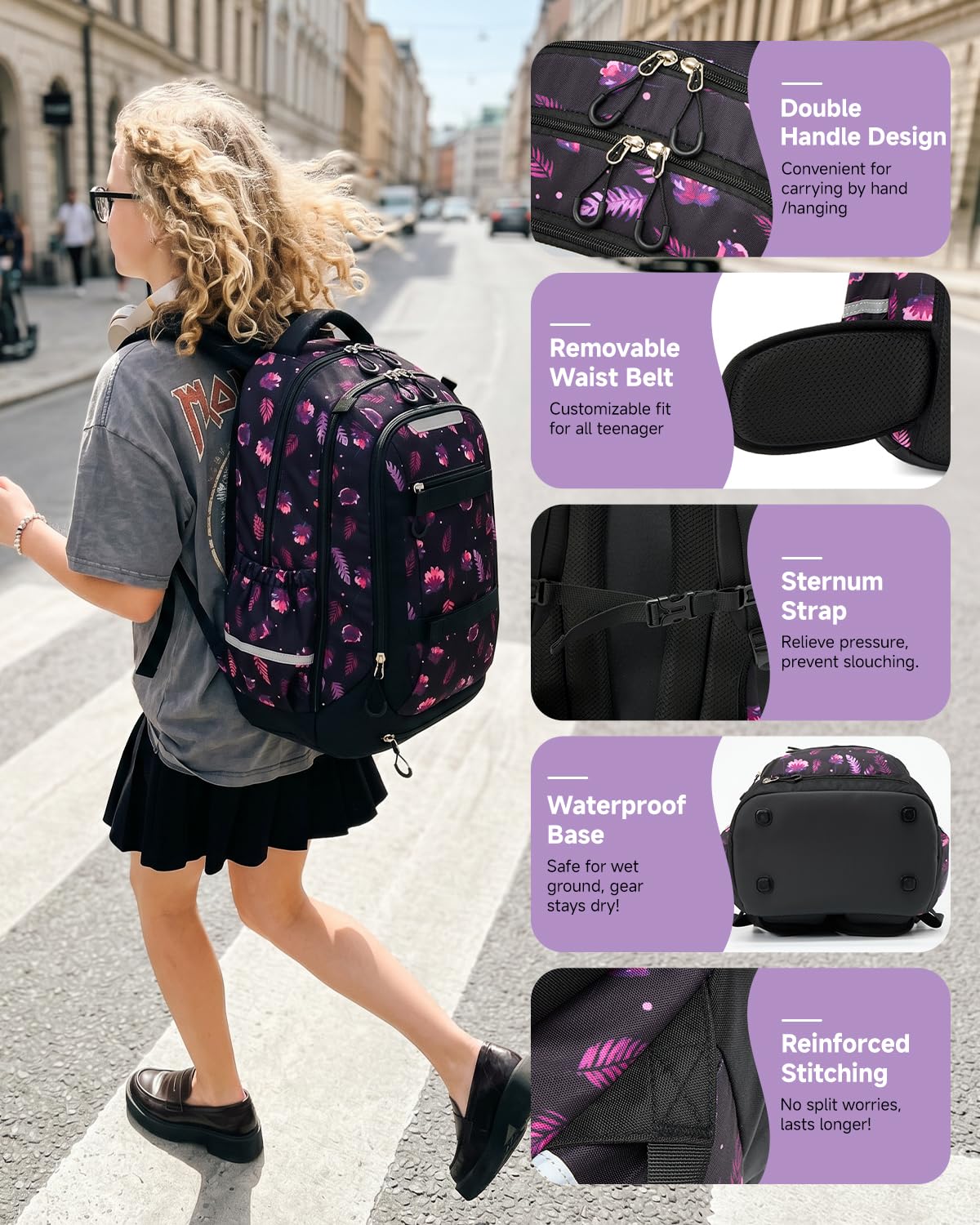Amythe Ergo Schulranzen Teenager Mädc mit Abnehmbarem Hüftgurt | Ergonomischer Schulrucksack Teenager, 30L Rucksack Schule mit Verstaubare Netztasche, 5-13 Klasse für Schule, Reisen, Sport