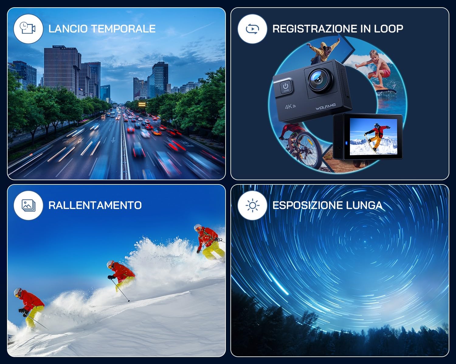 WOLFANG Action Cam GA300 4K 60FPS, 20MP WiFi EIS Action Camera con schermo tattile, 8X Zoom Fotocamera Impermeabile 40M Subacquea Videocamera, Mic Esterno, Telecomando 2x1350mAh Batterie e Accessori