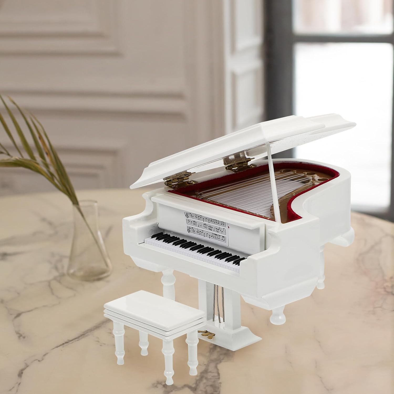 BESPORTBLE Mini Grand Piano Music Box with Rotating Mechanism White Desktop Decoration for Birthday Classic Musical Ornament with Simple Elegant Design