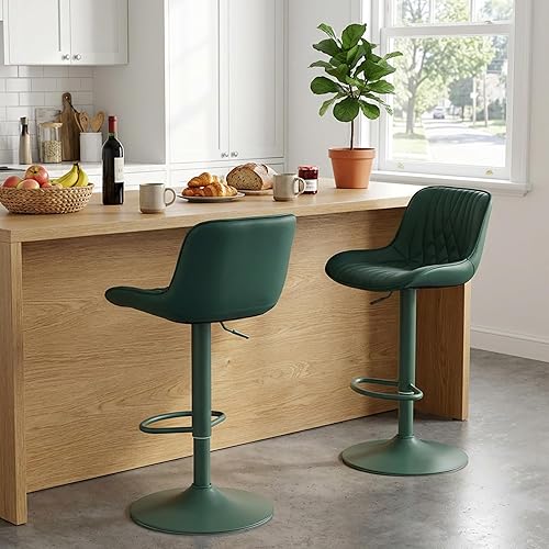Miniatura 8 de YOUTASTE Juego de 2 taburetes de bar de piel sintética, todos los taburetes de bar tapizados de color verde oscuro con respaldo, silla giratoria
