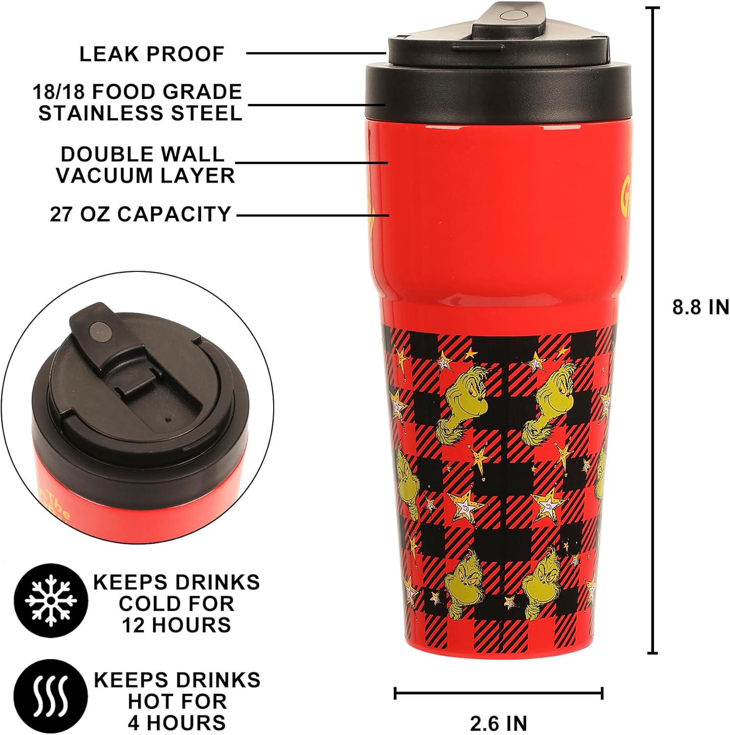 Bioworld The Grinch 27 Oz. Stainless Steel Travel Coffee Tumbler With Flip-Top Lid - Image 2