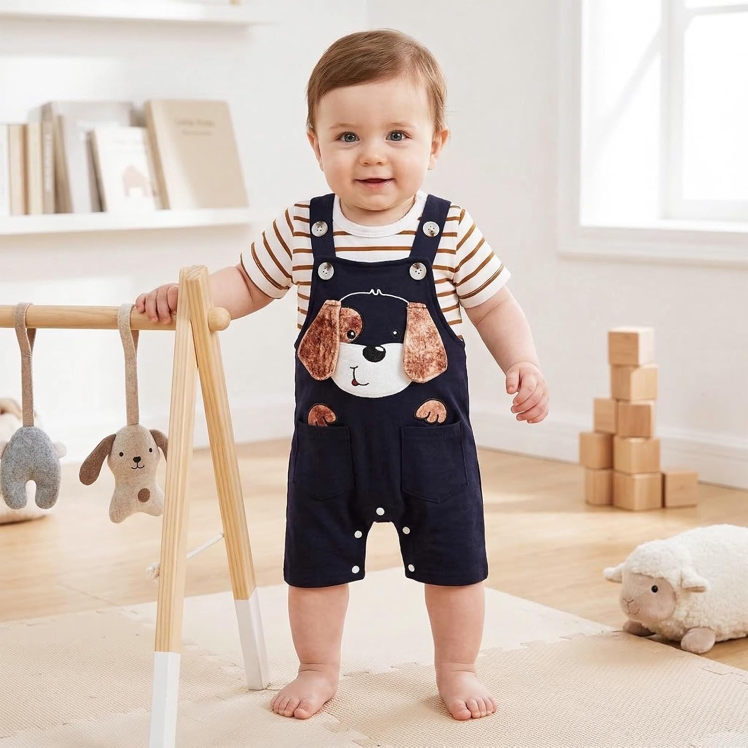 Baby Boy Clothes Newborn Outfits Stripe Romper Infant Cartoon Overall Adjustable Suspender Pants Set 0-18 Months