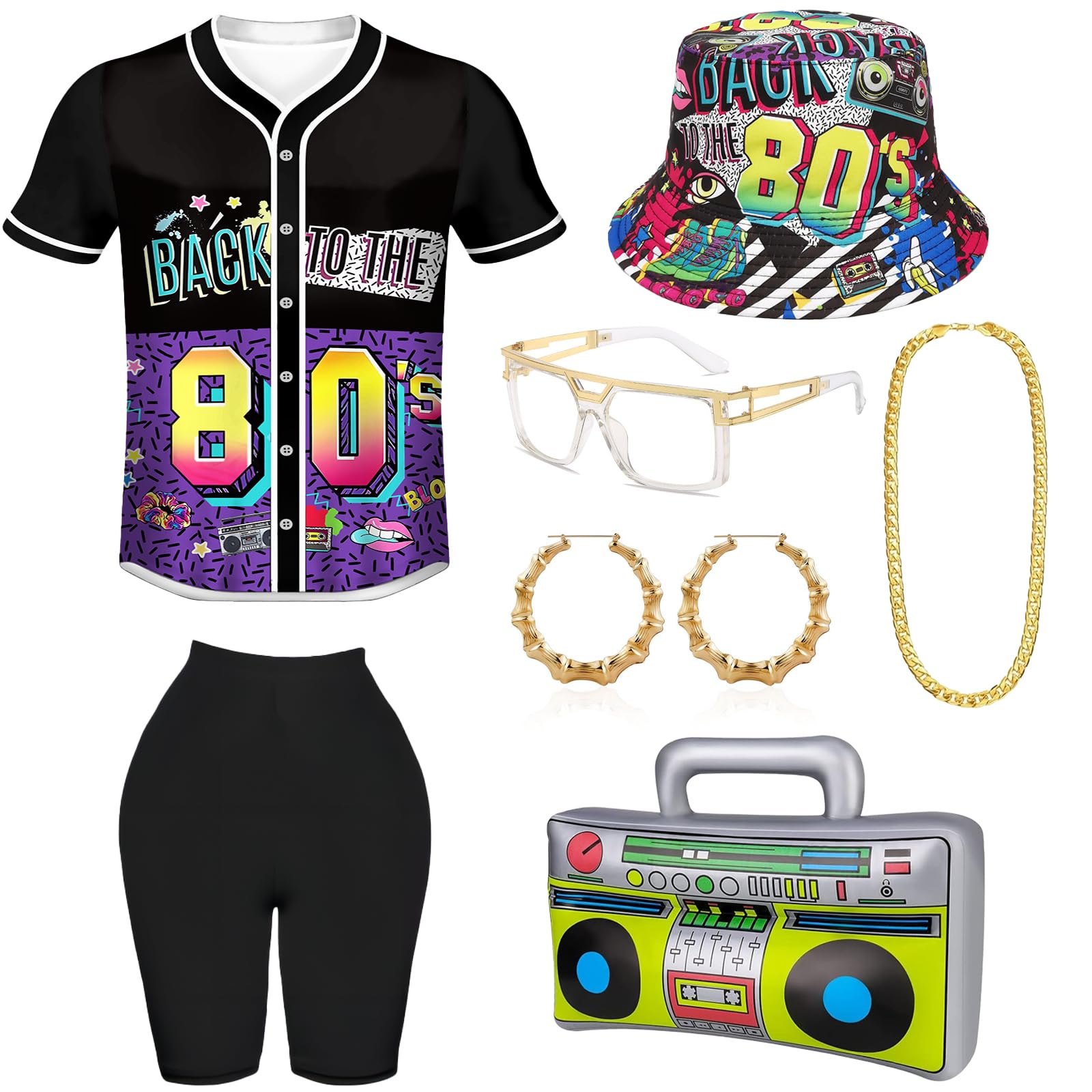 80s & 90s Outfit, Hip Hop Loose Tops, Fishing Hats, Glasses Earrings Necklace, Inflatable Hip Hop Radio, with 80s Accessories, Fancy Dress, Hip Hop Theme Party Costume, Women Men - S