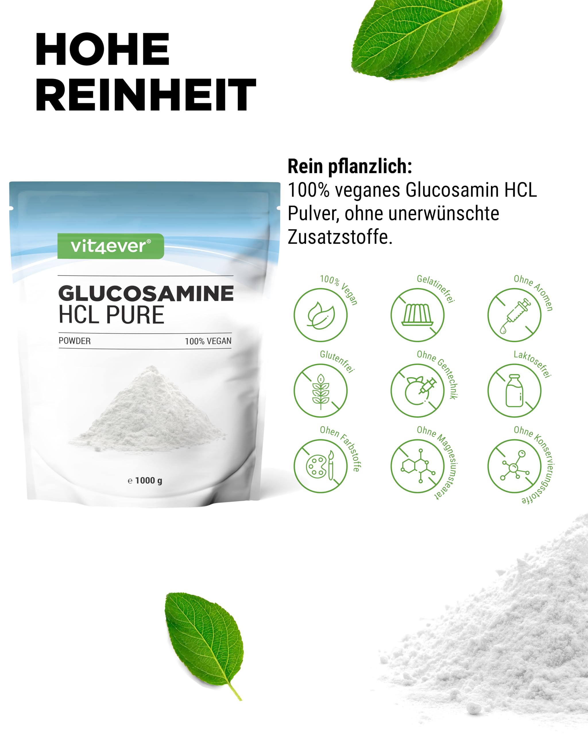 vit4ever Glucosamin HCL Pure - 1000 g - reines Pulver ohne Zusätze | pflanzliche Fermentation, laborgeprüft, vegan, hochdosiert