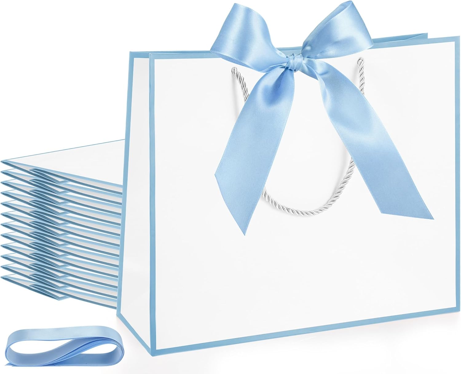 Silkfly Thank You Gift Bags with Handle 12x10x4'' Welcome Return Gifts Bag with Bow Ribbon for Wedding Bridesmaid Baby Shower Birthday Housewarming Employee Appreciation Day(White, Light Blue,12 Pcs)