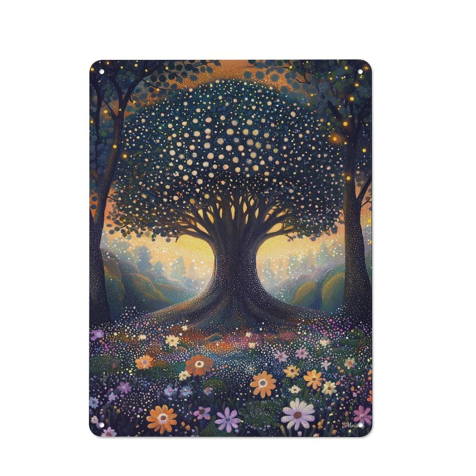 Junmoney Enchanted Forest Tree In Pointillist Style Rustic Metal Plaque 40X30cm For Living Room Wall, Suited To Home Wall Decor Collectors