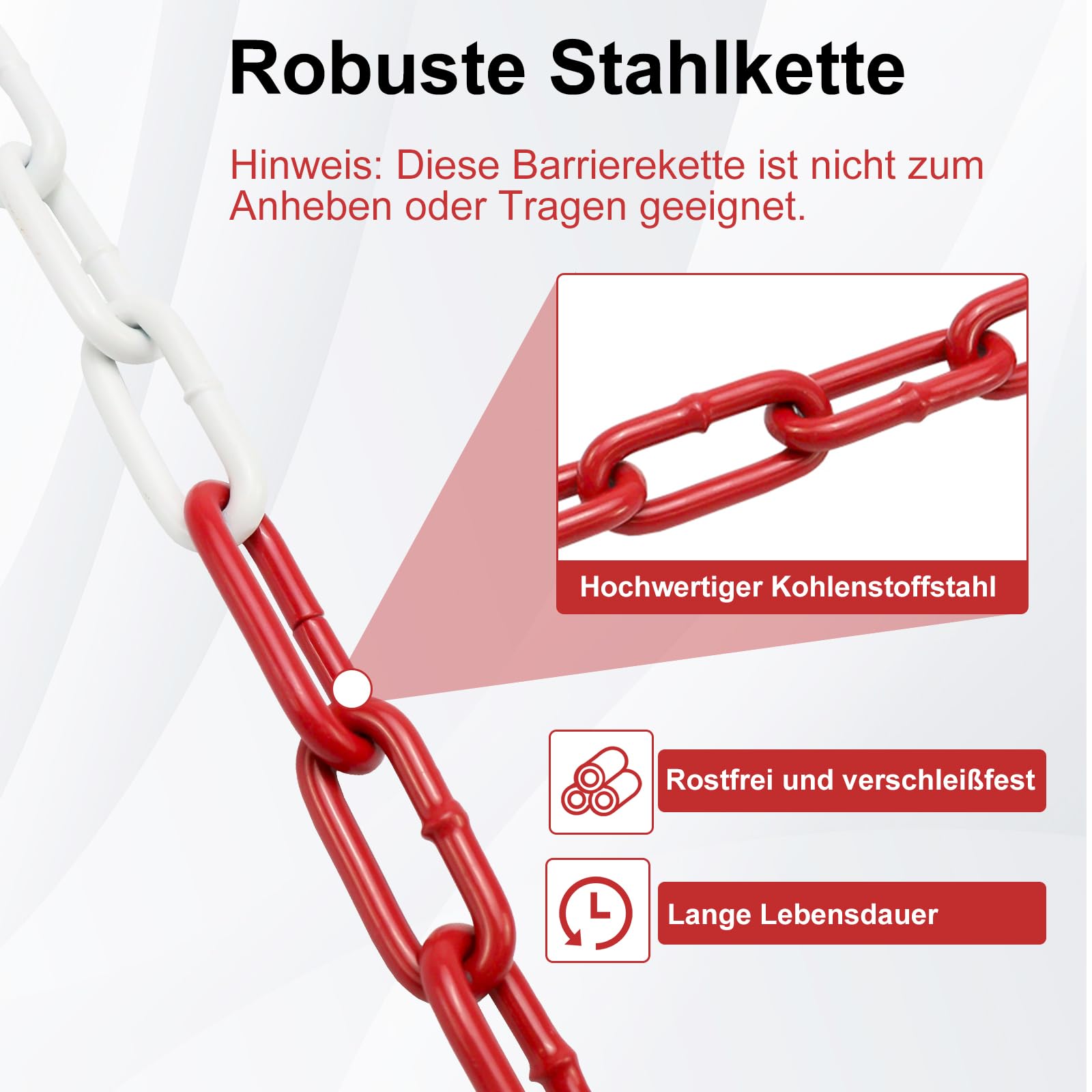 Absperrkette Stahlkette, 15M Rot Weiß Metall Warnkette Stahl Sicherheitskette 5mm Dicke mit Verbindungsschnalle, Gliederkette für Parkplätzen Baustellen Straßen (15 Meter)