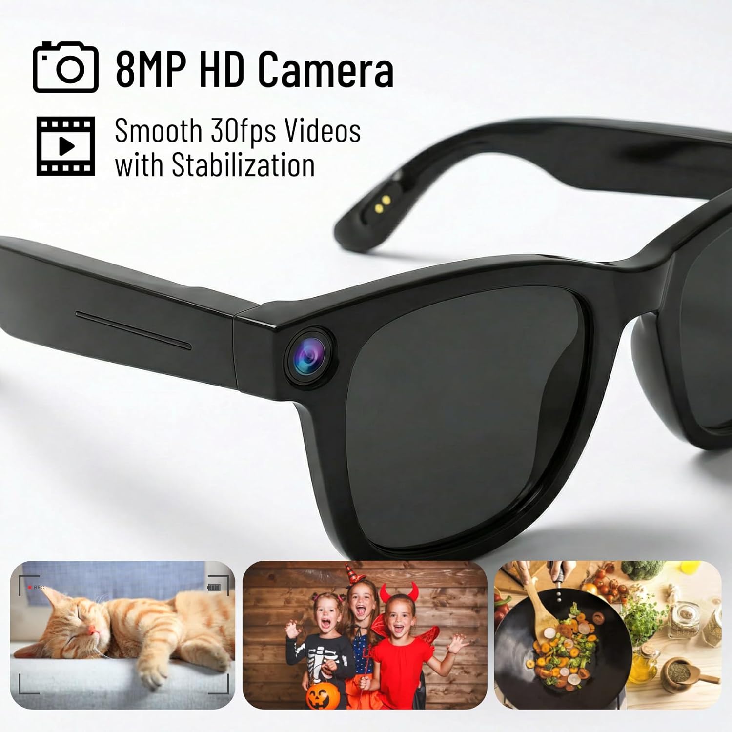 AI Smart Glasses with Camera, 8MP Video Recording Glasses, Real-Time Translation Voice Assistant, Open-Ear Audio, Bluetooth Calling, AI Meeting Notes, Detachable Lenses for Men Women (Black)