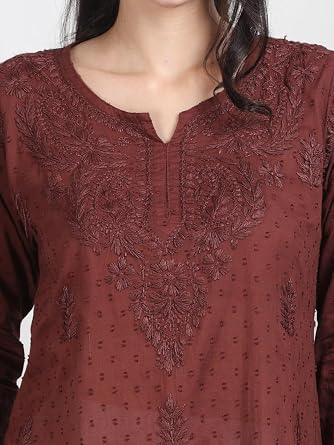 Khaka Women's Lucknowi Chikankari Pure Cotton Handwork Short Kurta