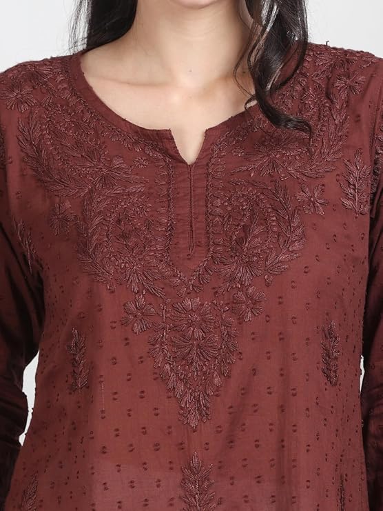 Khaka Women's Lucknowi Chikankari Pure Cotton Handwork Short Kurta