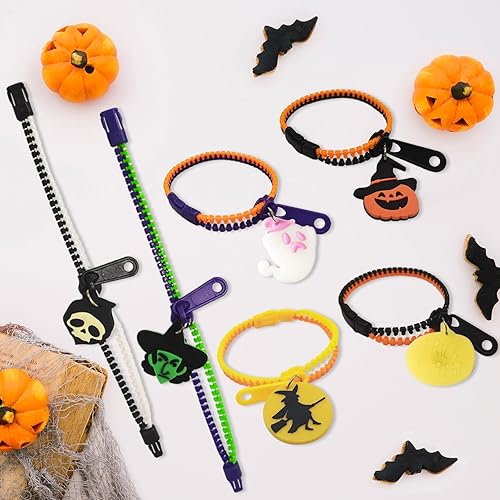 Miniatura 3 de Pulseras con cremallera para fiestas de Halloween para niños, paquete de 28 pulseras con cremallera de Halloween que brillan en la oscuridad para