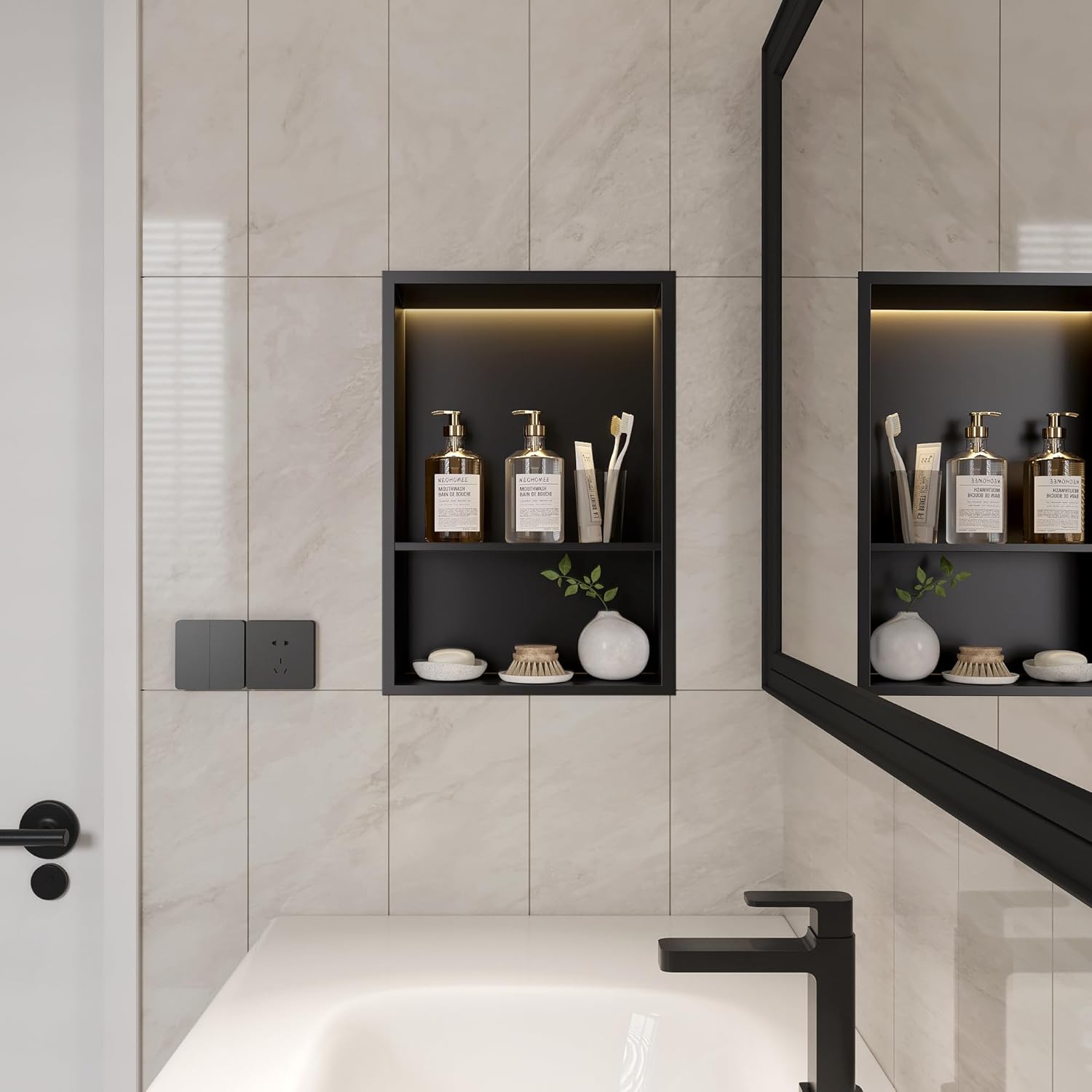 Neodrain Stainless Steel Shower Niche with Non-dimmable Led Strip Light, 12X18 Inch Matte Black No Tile Needed Wall Niche, Two Layers Recessed Shower Shelf for Bathroom Storage Built-in Installation