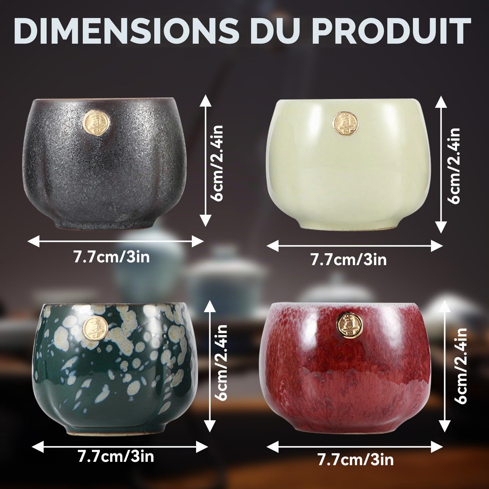 Lot de 4 tasses à thé japonaises, tasses à thé en céramique pour la maison, le bureau, les cadeaux, les sakés tasses à thé