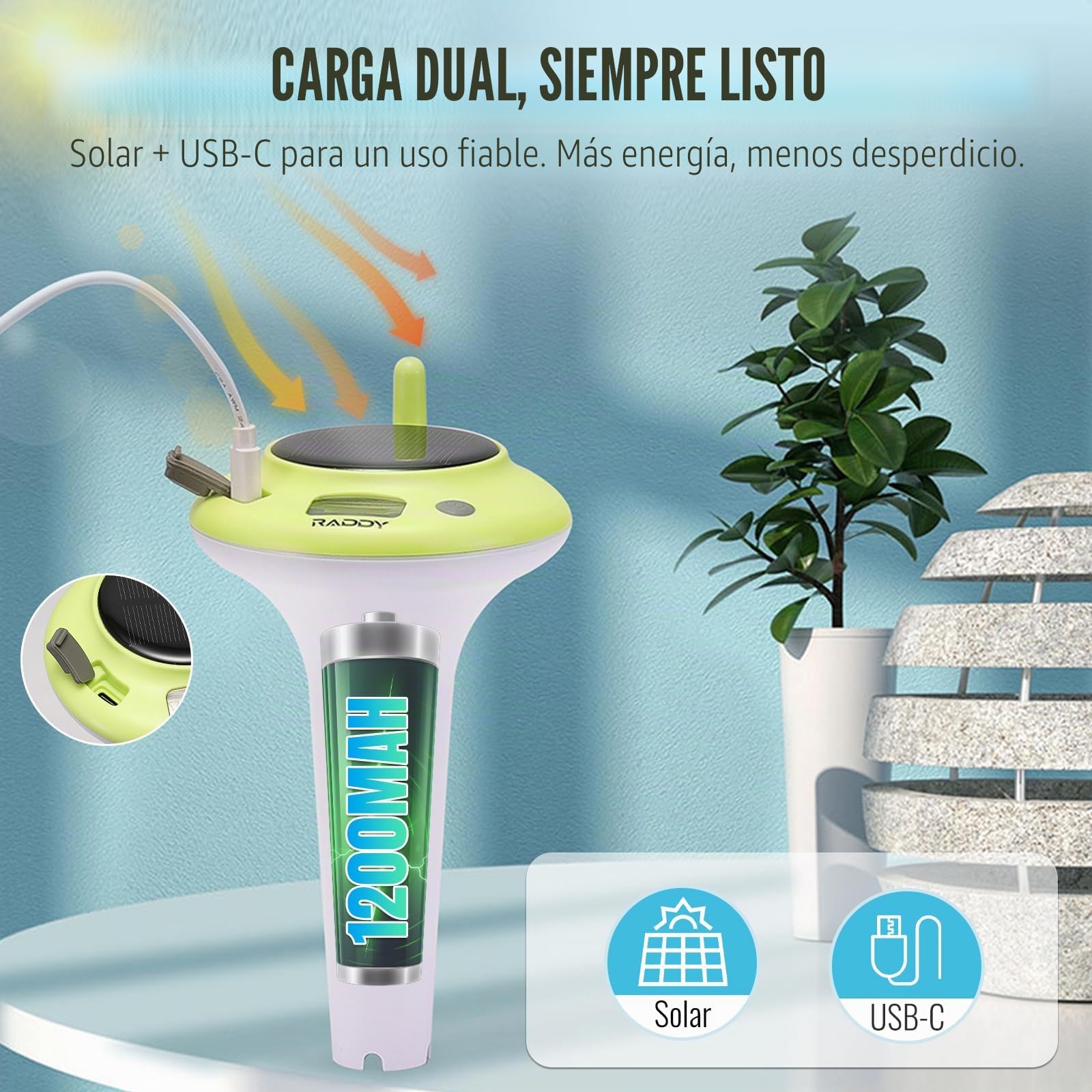 Raddy PT-5 WiFi con App Termómetro de Piscina, Sensor de Temperatura Flotante Inalámbrico y Pantalla Interior, Termómetro Digital IPX8, Carga Solar y USB-C para Jacuzzi, Spa, Estanque, Acuario