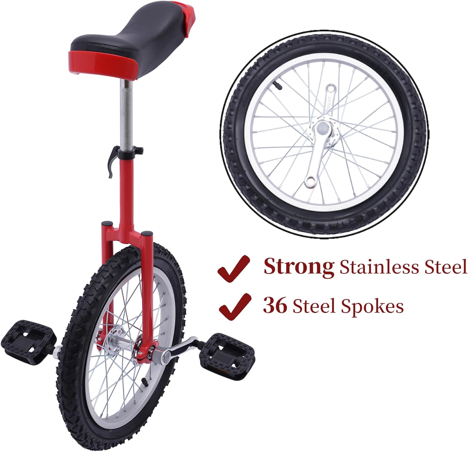 16" Outdoor Wheel Unicycle, Height Adjustable Steel Frame Leakproof Tire Wheel Cycling Exercise Bicycle for Office Workers, Students, Cycling Enthusiasts