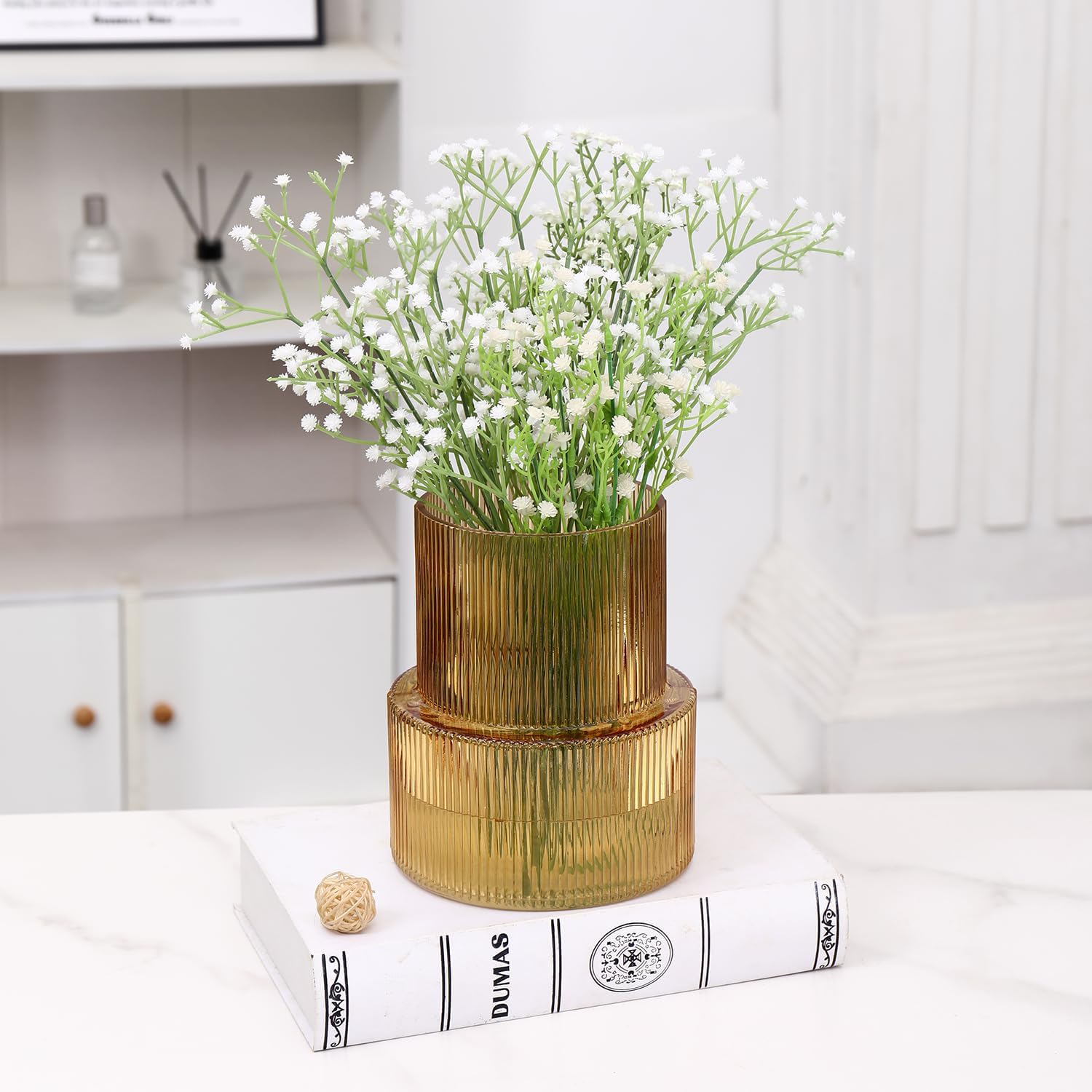 Amber Glass Vase, Ribbed Glass Vase for Tulips, Flower Vases for Bouquet, Amber Modern Vases for Living Room, Dining Table, Entryway, Mantle, Shelf, Wedding, Office, 7.5 Inches
