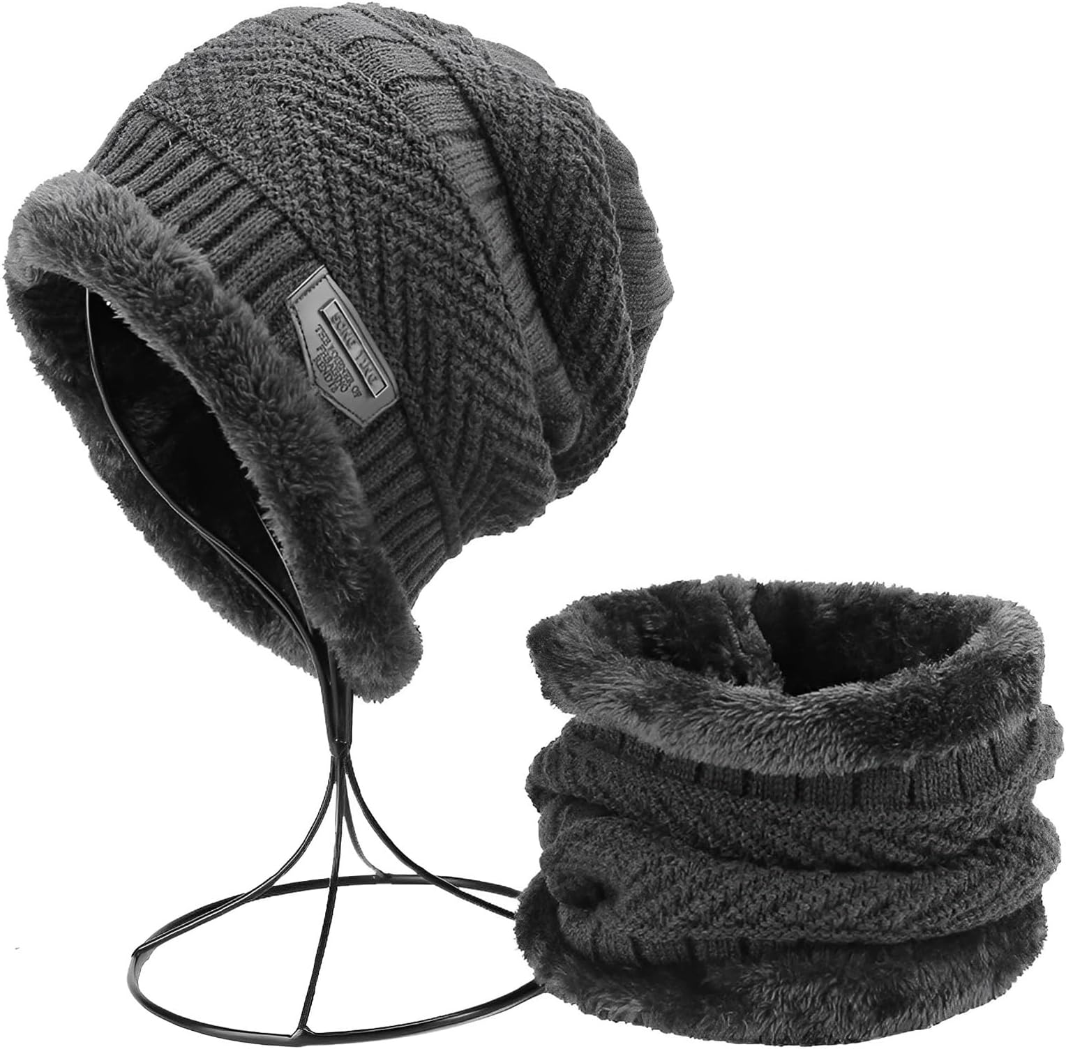 MORJCGBeanie, Beanie Hat, Mens Winter Hat, Grey Hats Scarf Set, Trendy Thermal Cover Ear Protection Against Wind and Cold Warm Knit Hats Neck Warmer with Thick Fleece Lined Winter Hat & Scarf, for Men