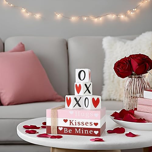 Miniatura 5 de Decoración del día de San Valentín, pila de libros de madera con 4 letreros XOXO, decoraciones del día de San Valentín para el hogar, bandeja