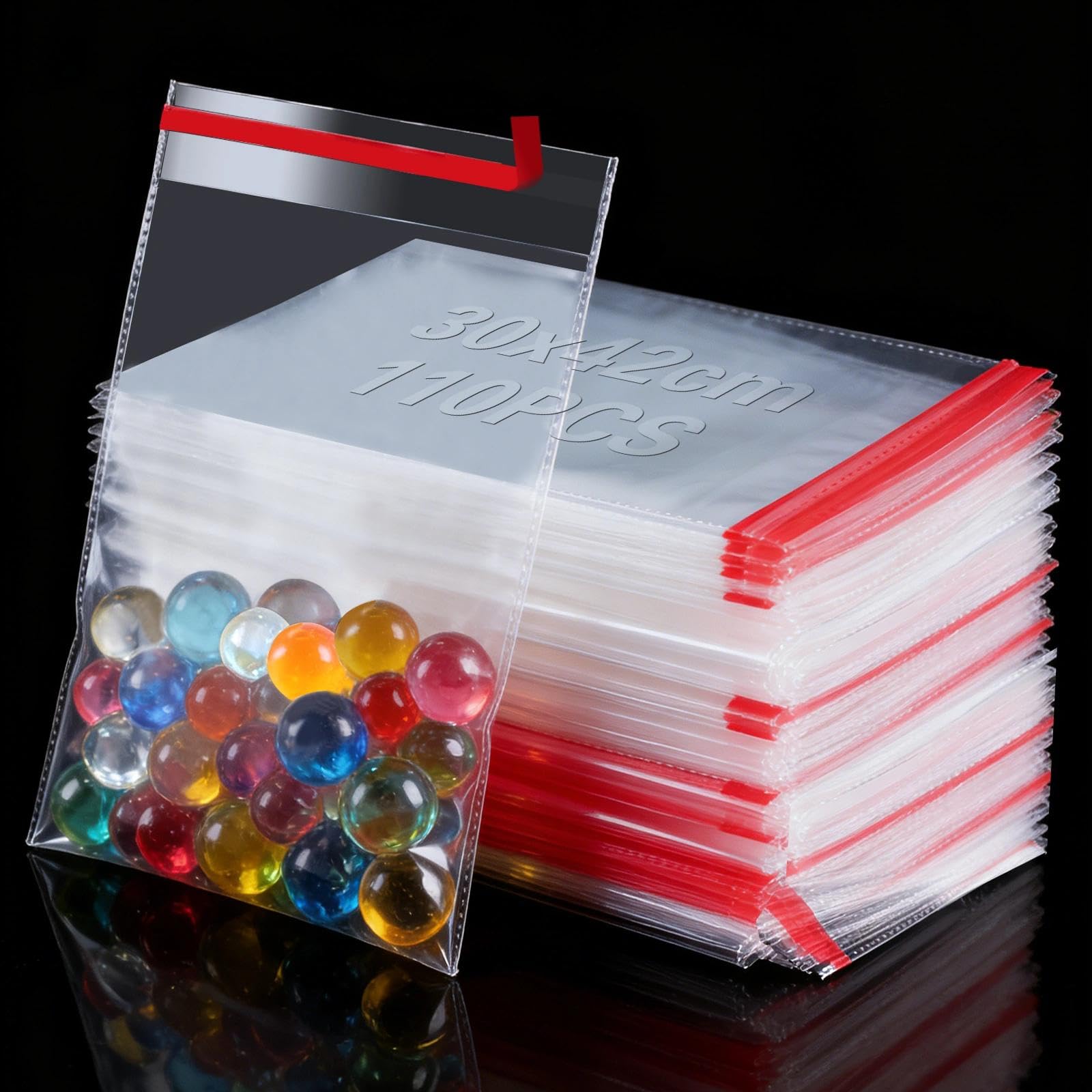 Ezitruz Clear Cellophane Bags, 110 Pack Self Adhesive Sealable Bags 30x42 cm/11.81x16.54 Reusable Plastic Cookie Bag for Sweets Chocolates Cookies Bread Fruit Jewellery Gifts Envelopes Cards Photos
