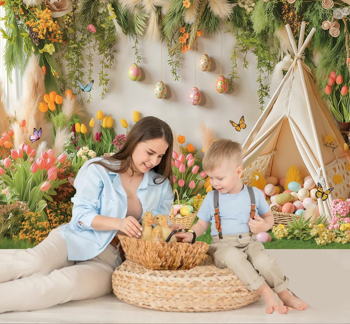 Spring Easter Tent Backdrop Bunny Colorful Eggs Green Grass Flowers Butterfly Happy Easter Photography Background Kids Baby Showers Birthday Party Decoration Banner Photo Props (7x5FT)