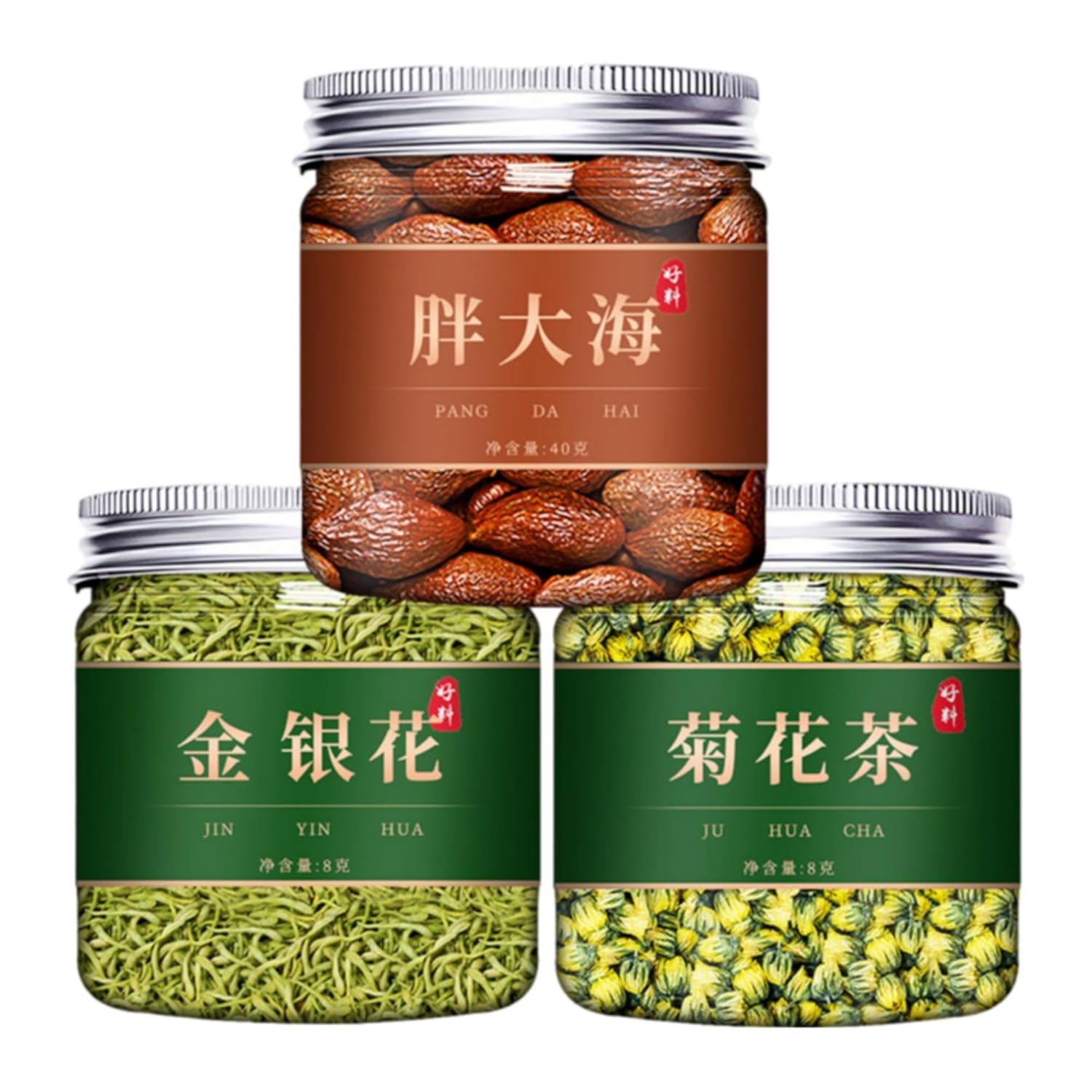 【3罐】 pangdahai (40g) Jin Yin Hua tea (8g) Chrysanthemum Tea (8g) Premium Natural china herbal tea Loose Leaf Tea,Chinese Tea, Sulfur Free,Flower tea,dark tea,loose tea Sweet Fresh