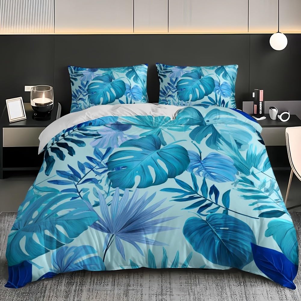 Tropikalna roślina, monstera, oddychająca, przyjemna poszwa na kołdrę, 3-częściowa, 155 x 220 cm, miękka poszewka na kołdrę z mikrofibry, niebieska, odpowiednia dla dzieci i dorosłych, kreatywna