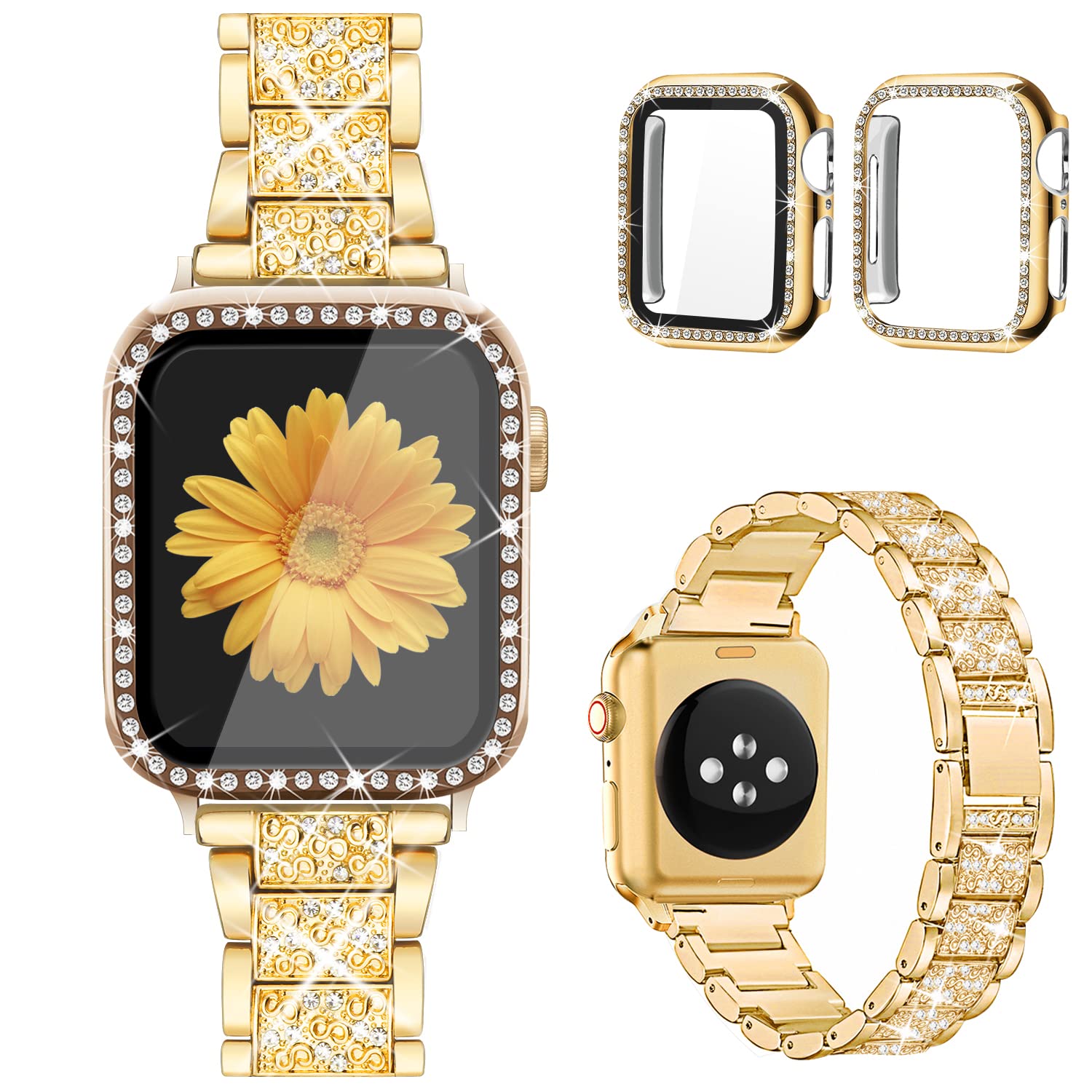 Mesime Compatible for Apple Watch Band with Screen Protector Case, Jewelry Replacement Bands 46mm 45mm 44mm 42mm 41mm 40 mm 38mm 2 Pack Protective Cover for iWatch Series 10/9/8/7/6/5/4/3/2/1/SE Women