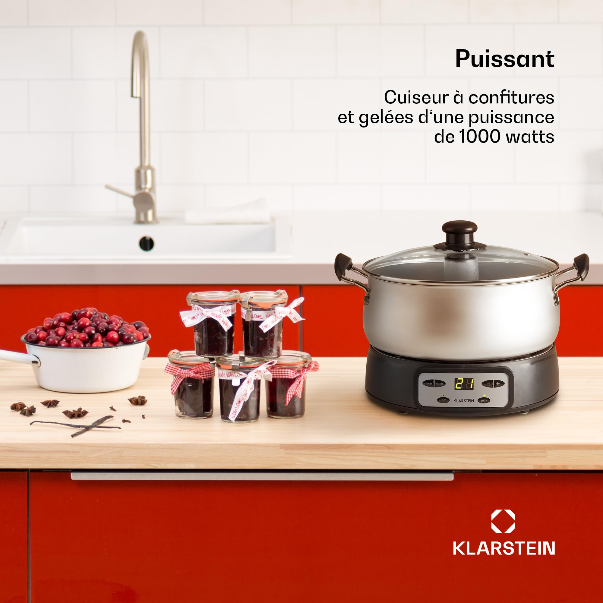 Klarstein Jam Session - confiturier et cuiseur de gelées, 1000 watts, 2 programmes automatiques, 3 litres de capacité, Durée de cuisson réglable, cuve est lavable en machine - argent
