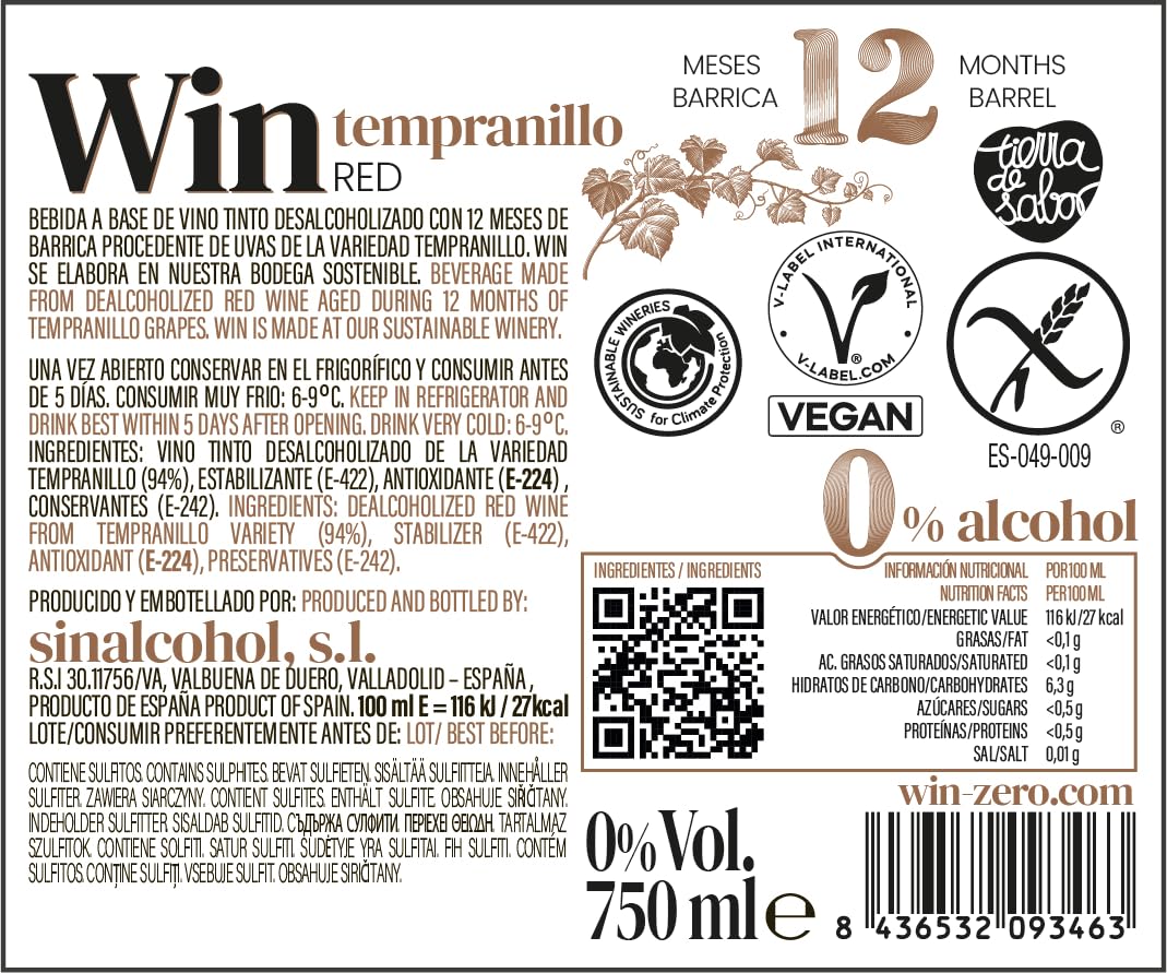 WIN Pack Mixto Sin Alcohol Verdejo y Tempranillo 3x75 cl | 0,0% Vol. · Doble fermentación · 1 Verdejo + 1 Tempranillo + 1 Tempranillo 12 Meses · Ideal para descubrir la gama