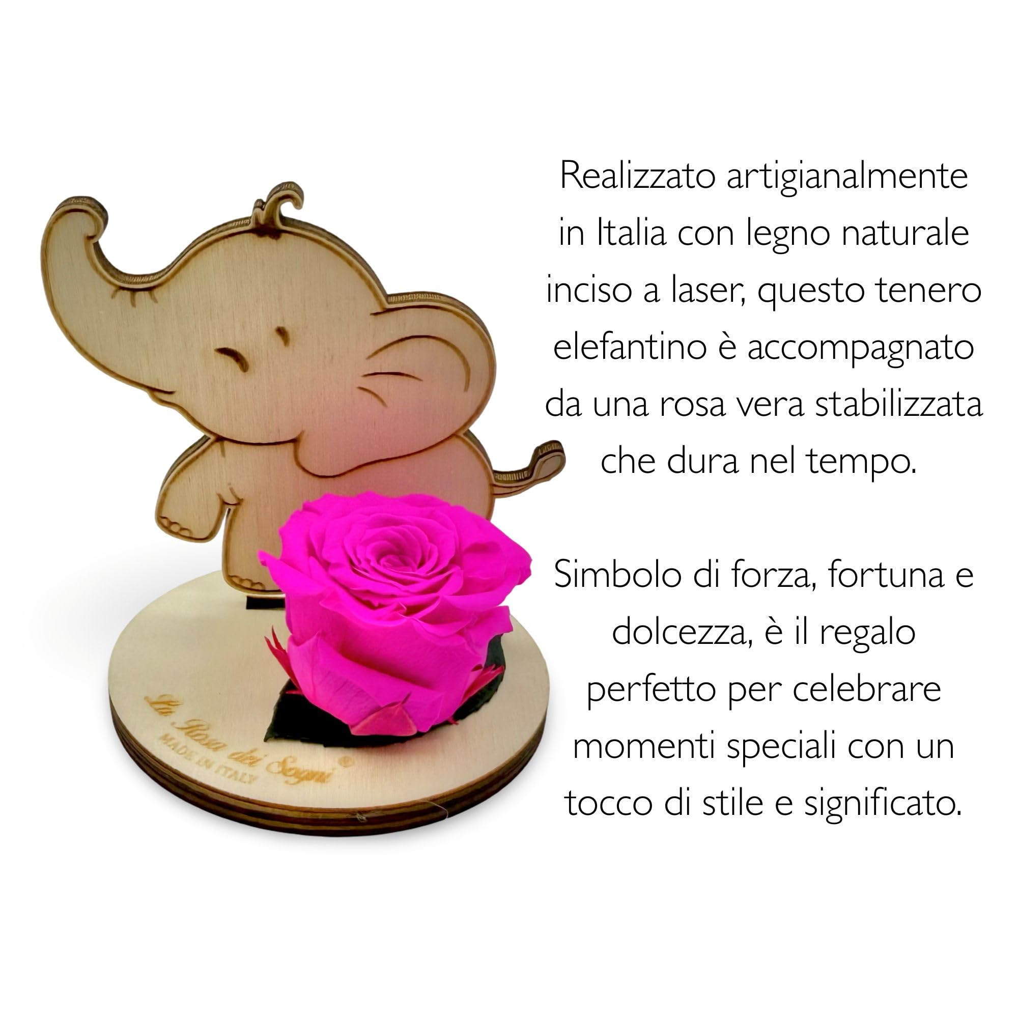 Rosa Stabilizzata con Elefantino in Legno Intaglio Laser – Fiore Naturale a Lunga Durata, Scatola Elegante – Made in Italy (Rosa)