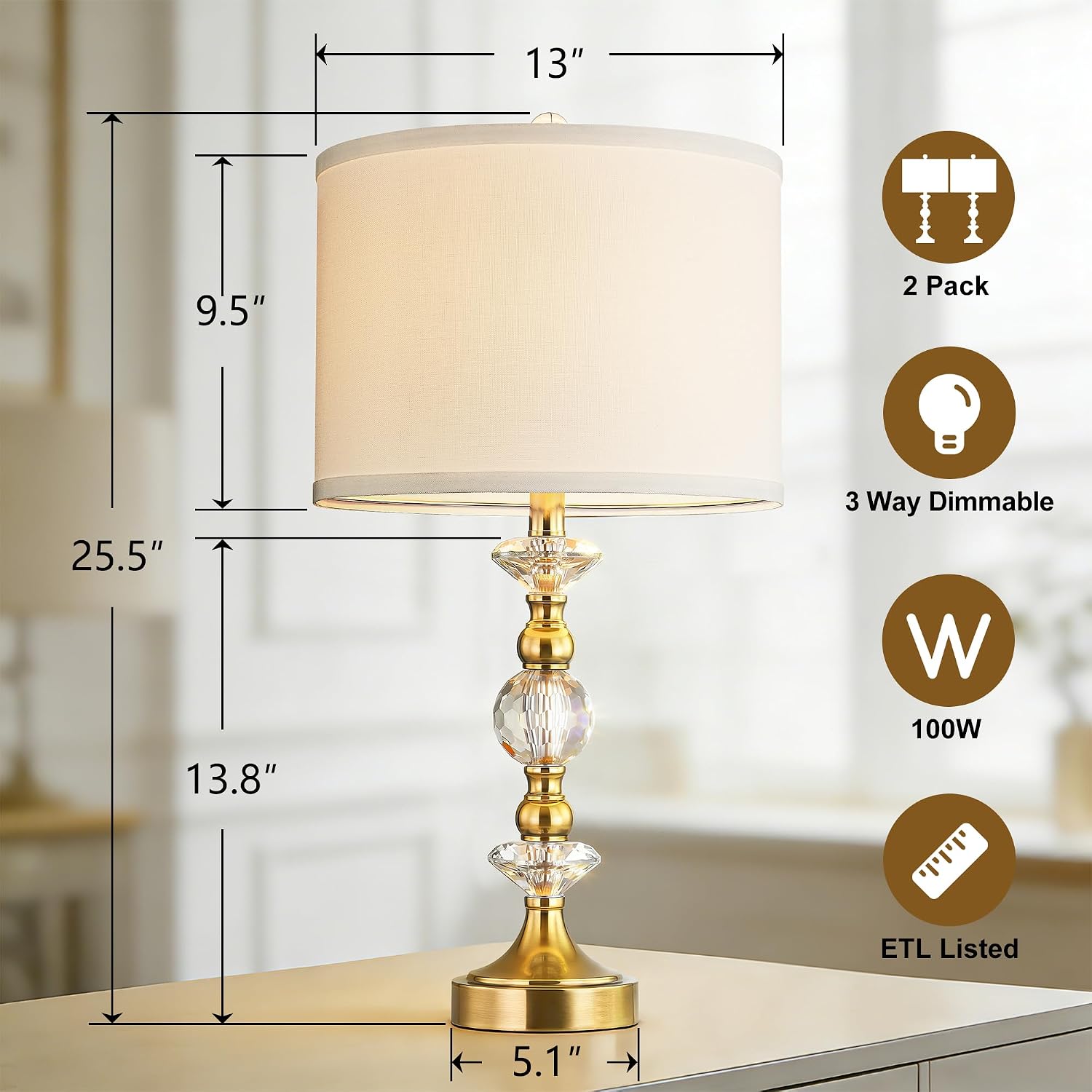 25.5" Crystal Table Lamps Set of 2, 3 Way Dimmable Bedside Lamps with USB A+C Ports, Gold Nightstand Lamps with White Shade for Living Room Bedroom End Table