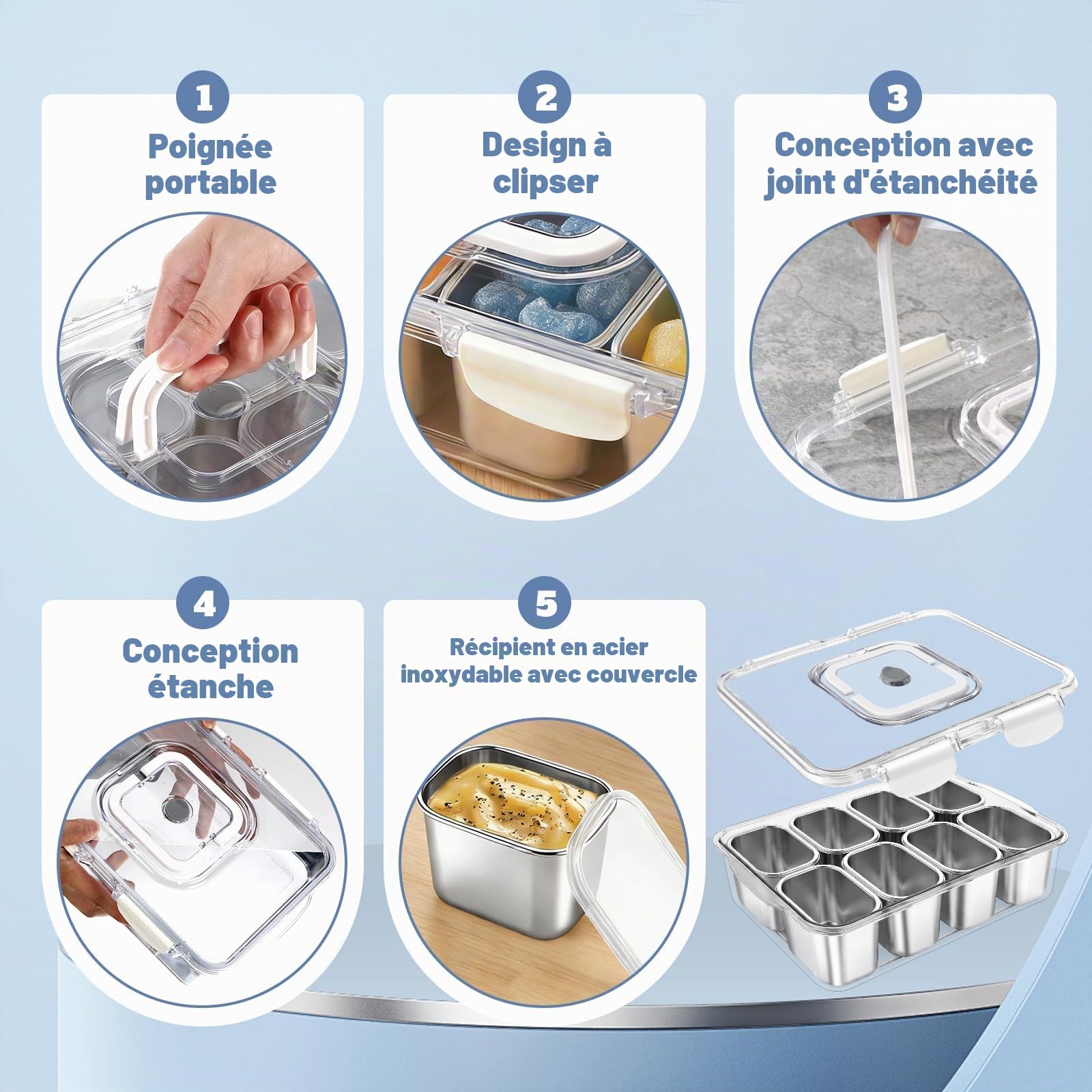 Boîte à goûter avec 8 compartiments en acier inoxydable avec poignée et couvercle | Pour divers fruits et collations, ainsi que des épices pour les fêtes, les pique-niques, les voyages, passe au lave-vaisselle