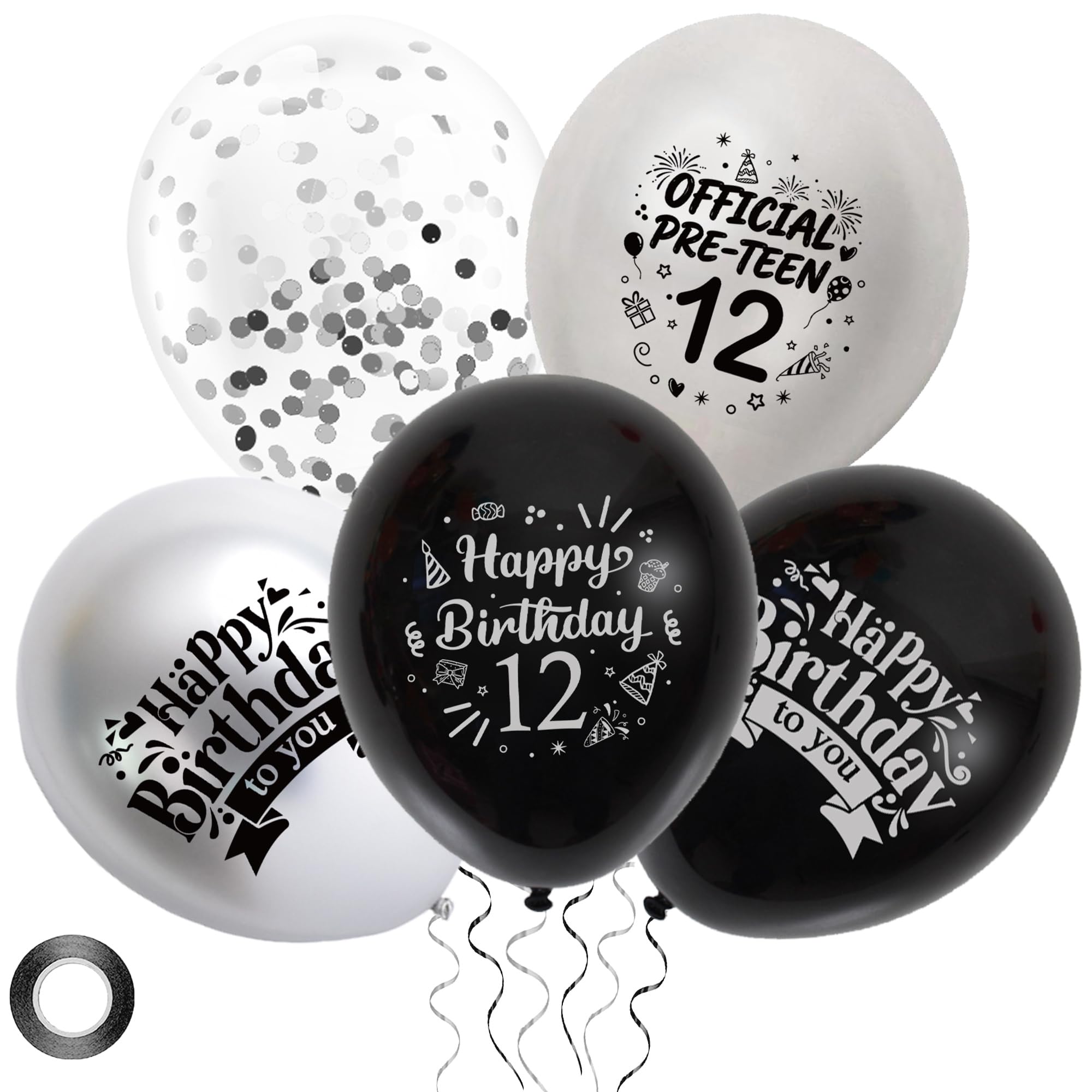 12th Birthday Decorations Party Balloons - 36pcs Black and Silver Official Pre-teen Balloons for Boys and Girls, Latex Balloon with Ribbon for 12 Year Old Party