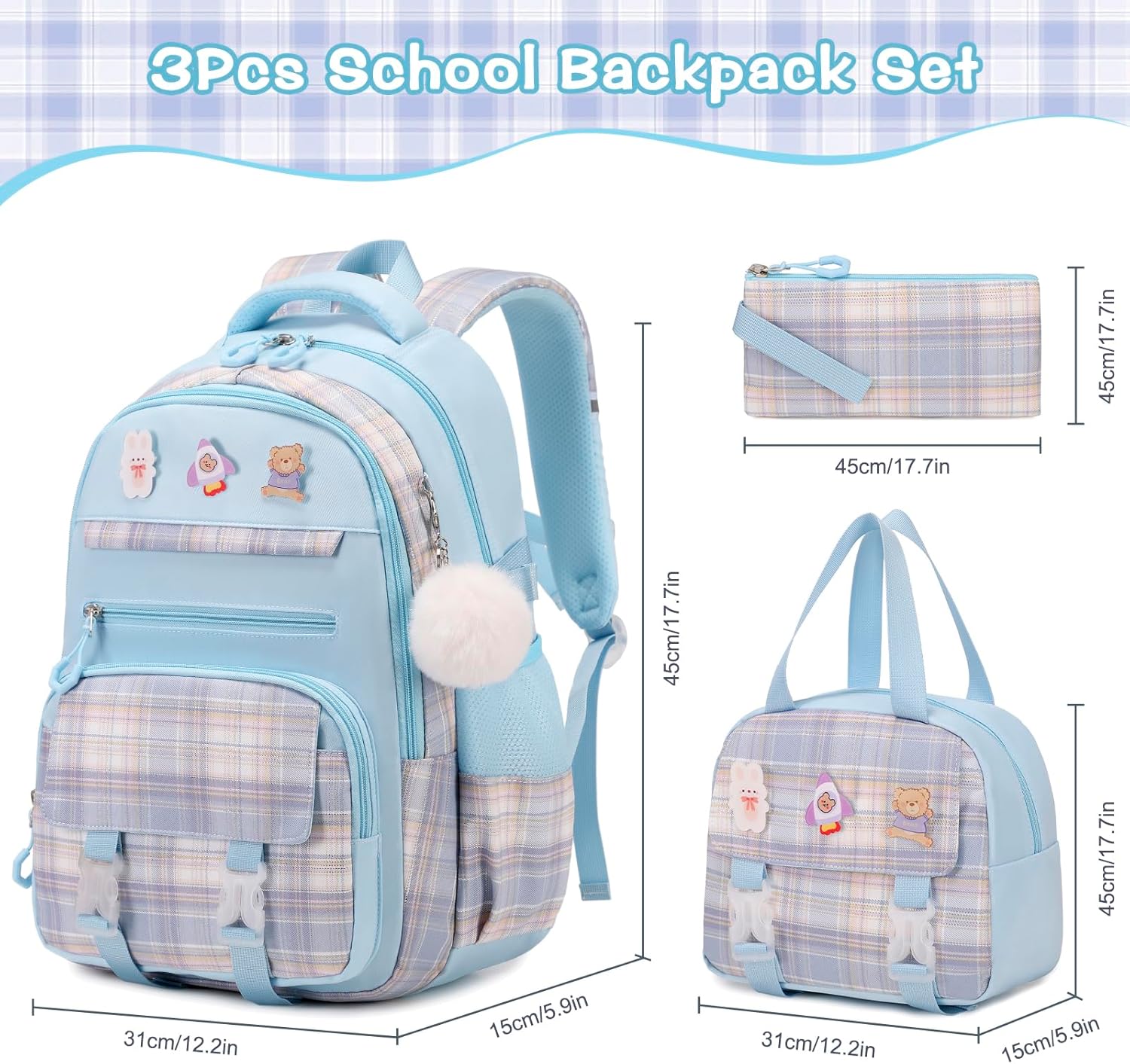 3PCS School Backpack for Girls, Girls Backpack with Lunch Box, Pencil Case, Cute Kawaii Plaid Book Bag for Teen Girl Kindergarten Elementary Preschool Middle High School, Blue