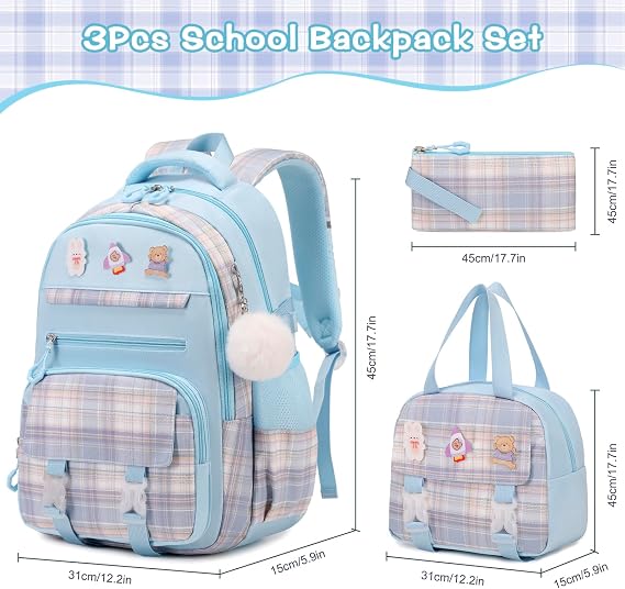 FIXITOK 3PCS School Backpack for Girls, Girls Backpack with Lunch Box, Pencil Case, Cute Kawaii Plaid Book Bag for Teen Girl Kindergarten Elementary Preschool Middle High School, Blue