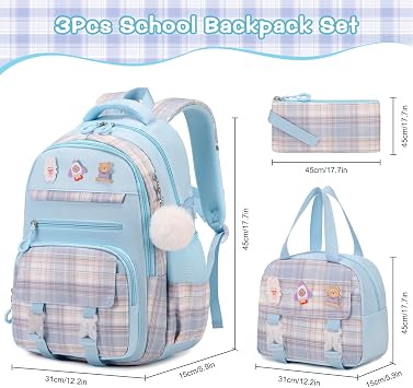 FIXITOK 3PCS School Backpack for Girls, Girls Backpack with Lunch Box, Pencil Case, Cute Kawaii Plaid Book Bag for Teen Girl Kindergarten Elementary Preschool Middle High School, Blue