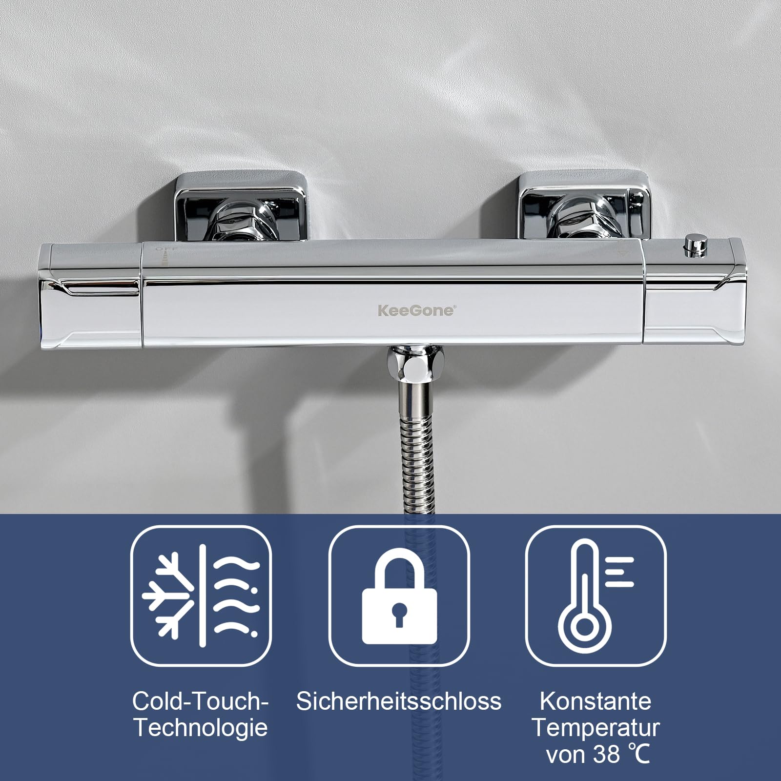 Bateria prysznicowa termostat – bateria prysznicowa z blokadą bezpieczeństwa 38°C, bateria wannowa z termostatem, chromowana