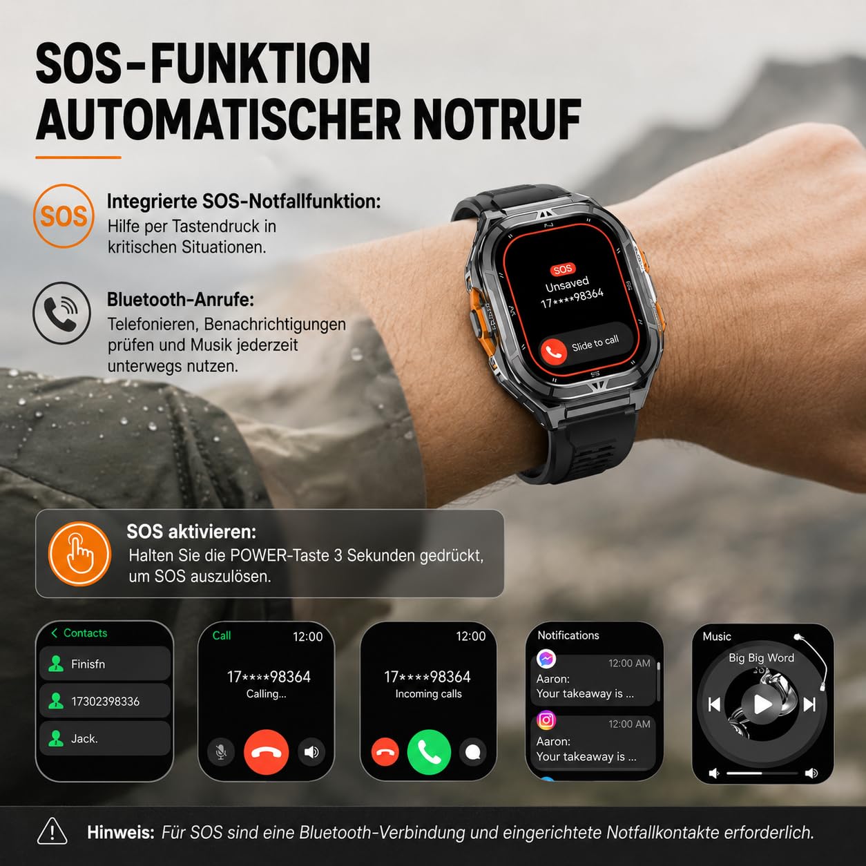 Thor 3.0 - Smartwatch Sportuhr Mit 1,96 Zoll AMOLED Display 5ATM Wasserdicht 100+ Trainingsmodi Herzfrequenzmessung Schlafanalyse SOS Funktion Für Männer Und Frauen (Schwarz)