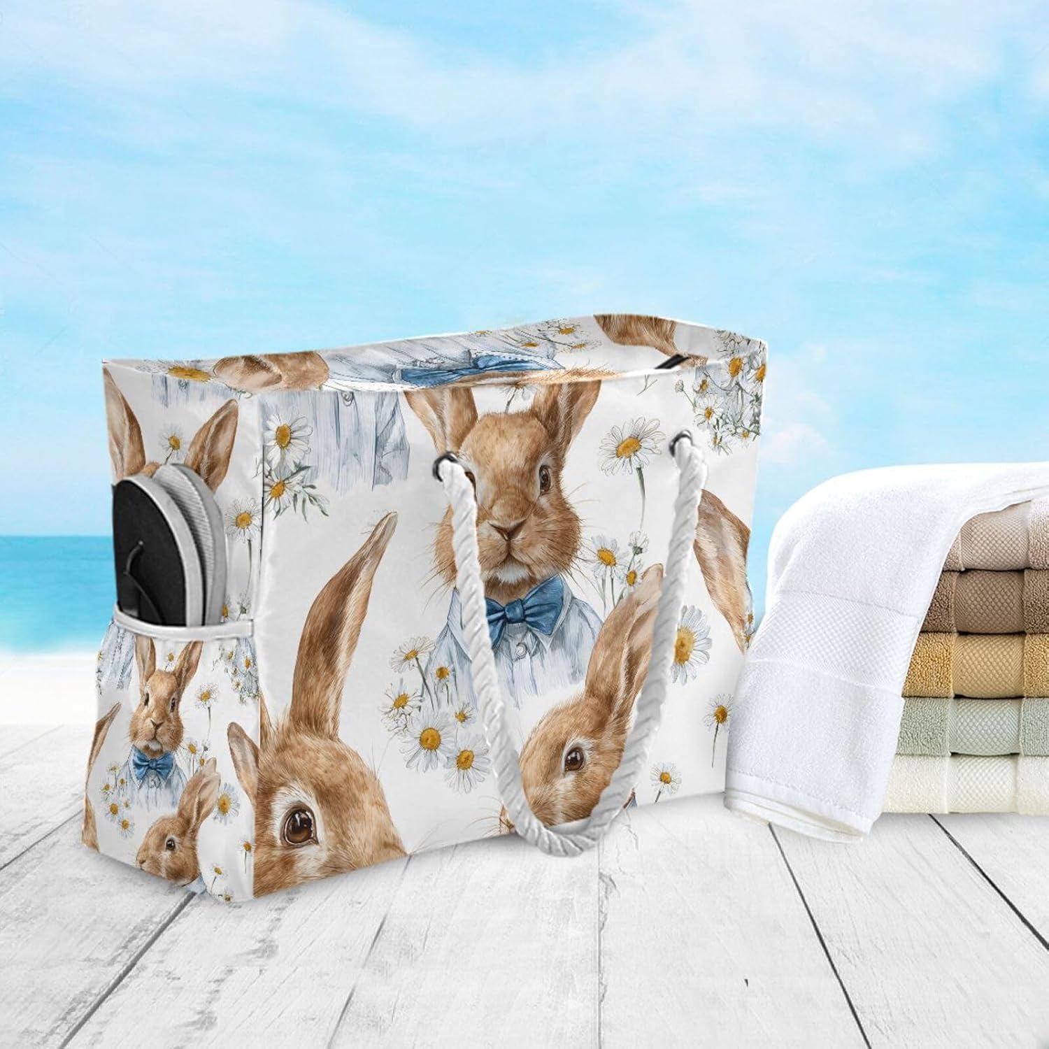 OTVEE Brown Rabbit in Shirt with Daisy Beach Bags for Women Ladies Large Canvas Tote Shoulder Bag Waterproof Travel Bags for Gym Swim Pool Camping
