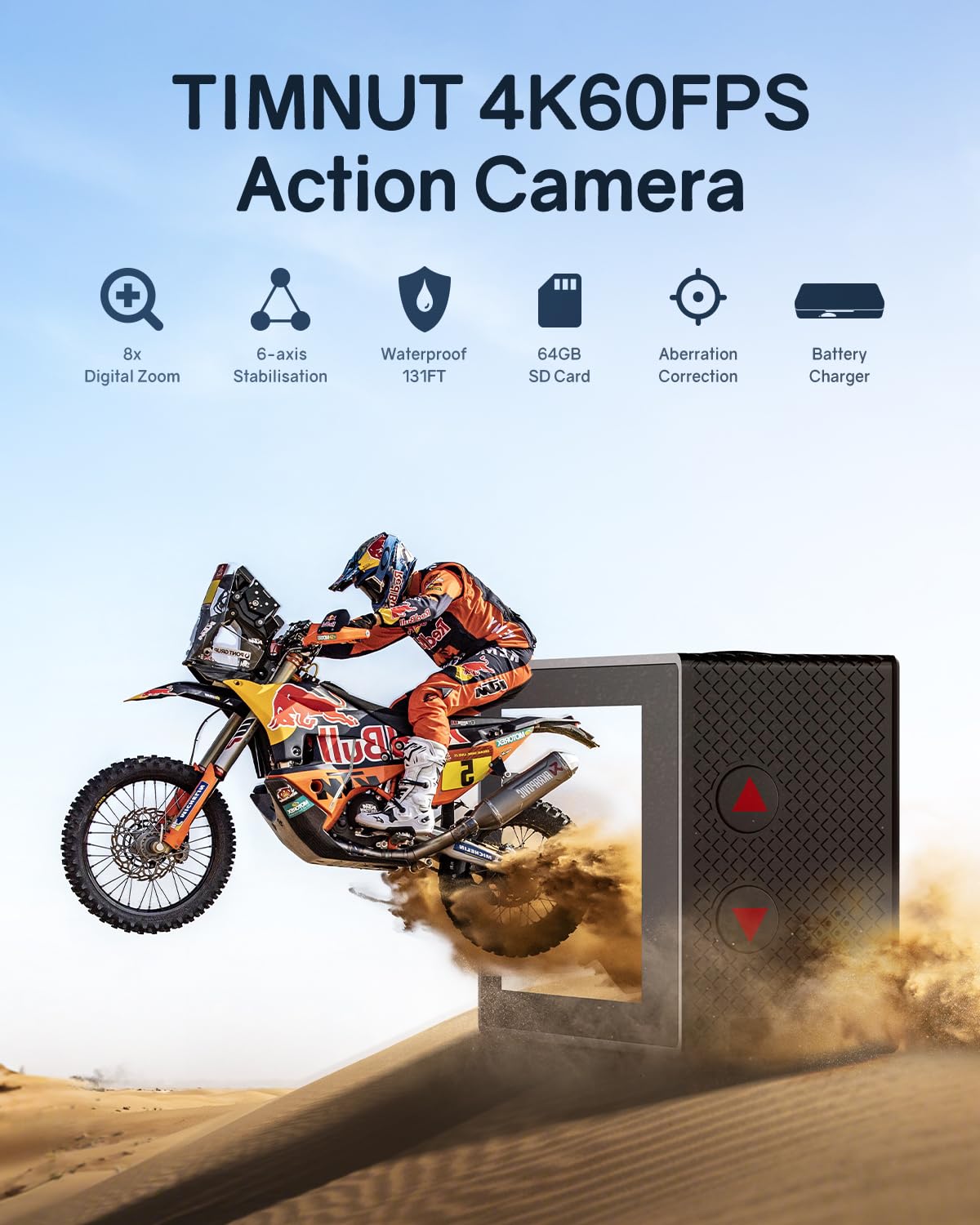 Cámara de acción 4K60FPS Impermeable 40 m, Tarjeta SD 64 GB, estabilización 6 Ejes, Zoom 8X, Mando a Distancia 2,4 GHz, Accesorios