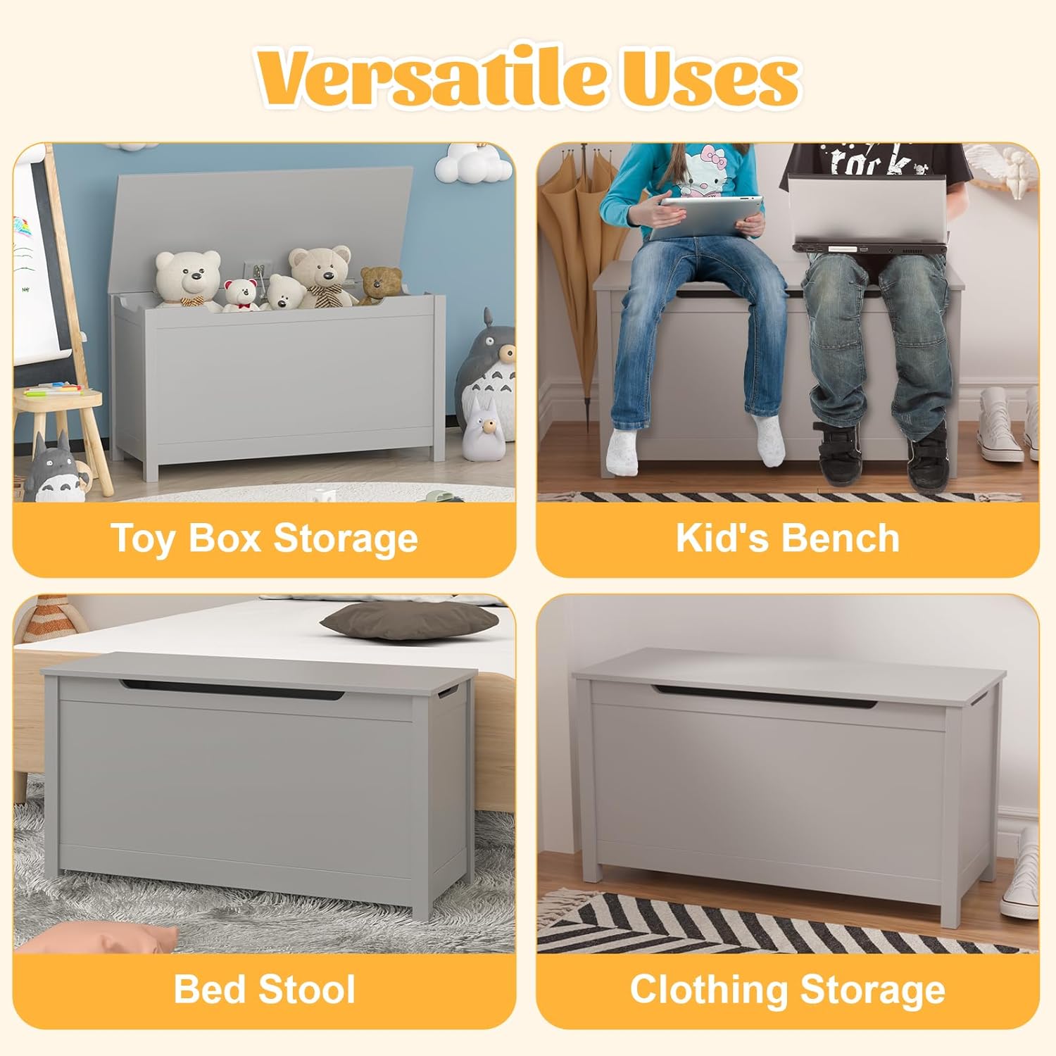 Kids Toy Box Chest, Large Wooden Storage Trunk Bench with Safety Hinged Lid for Ages 3+, Grey