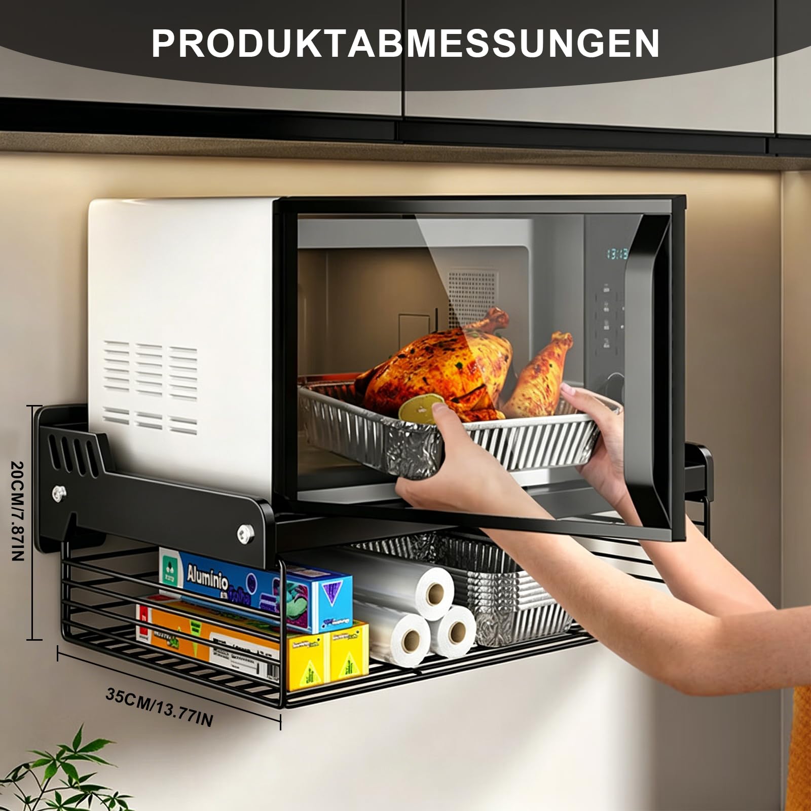 Mikrowellenregal Wand, 2 Ebenen Mikrowellenhalterung aus Metall, | mit Aufbewahrungskorb & 6 Haken, platzsparendes Küchenregal für Mikrowelle, Backofen & Küchenzubehör (56 × 38 × 7 cm)