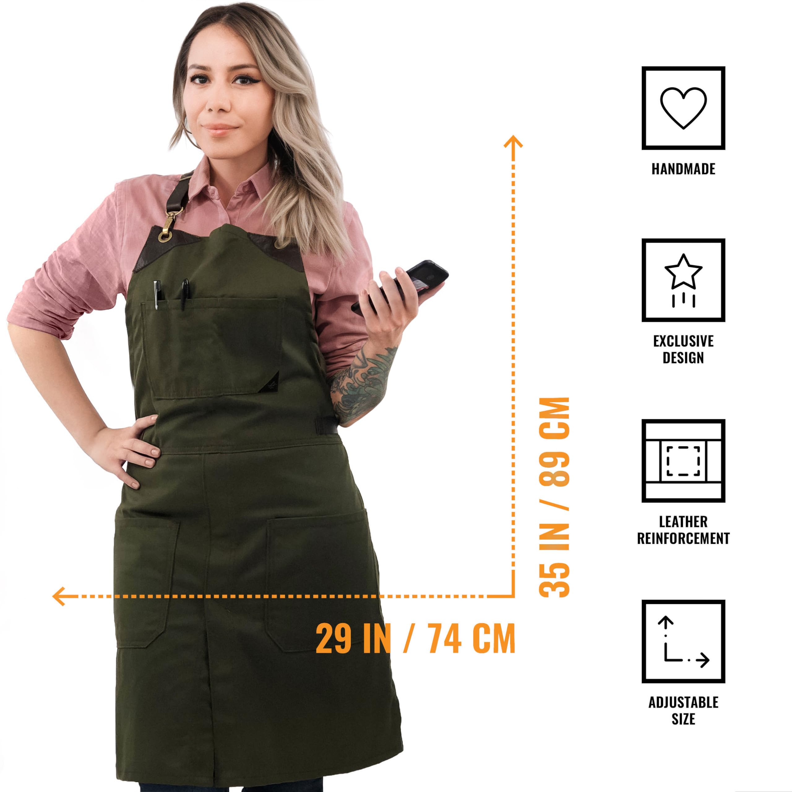 Under NY Sky Delantal con Correas de Cuero sin Amarras - Sarga Verde Profesional - Multi Bolsillos - Ajustable, Hombre, Mujeres, Chef, Barista, Barbero, Barman, Peluquero, Restaurante, Tienda, Cocina