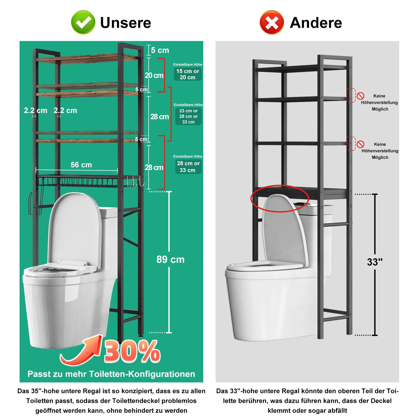Kalrin Toilettenregal, 4-stufiges Verstellbares Multifunktionsregal für das Bad, Regal Über der Toilette mit Aufbewahrungskörben, Platzsparendes WC-Regal, Leicht zu Montieren (Vintage-Braun)