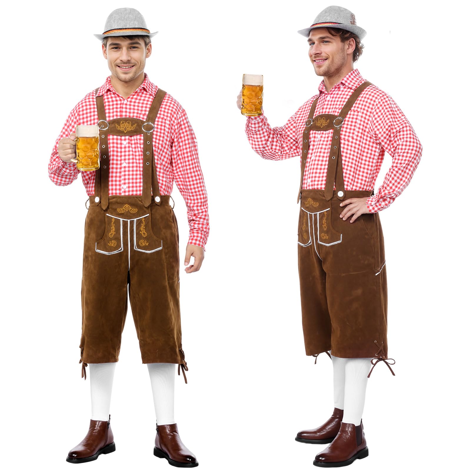 Herren Trachten Set, Oktoberfest Kostüm Set, Trachtenset Herren Komplett mit Trägern + Trachten Hemd Bayerische Oktoberfest (Hose + Hemd)