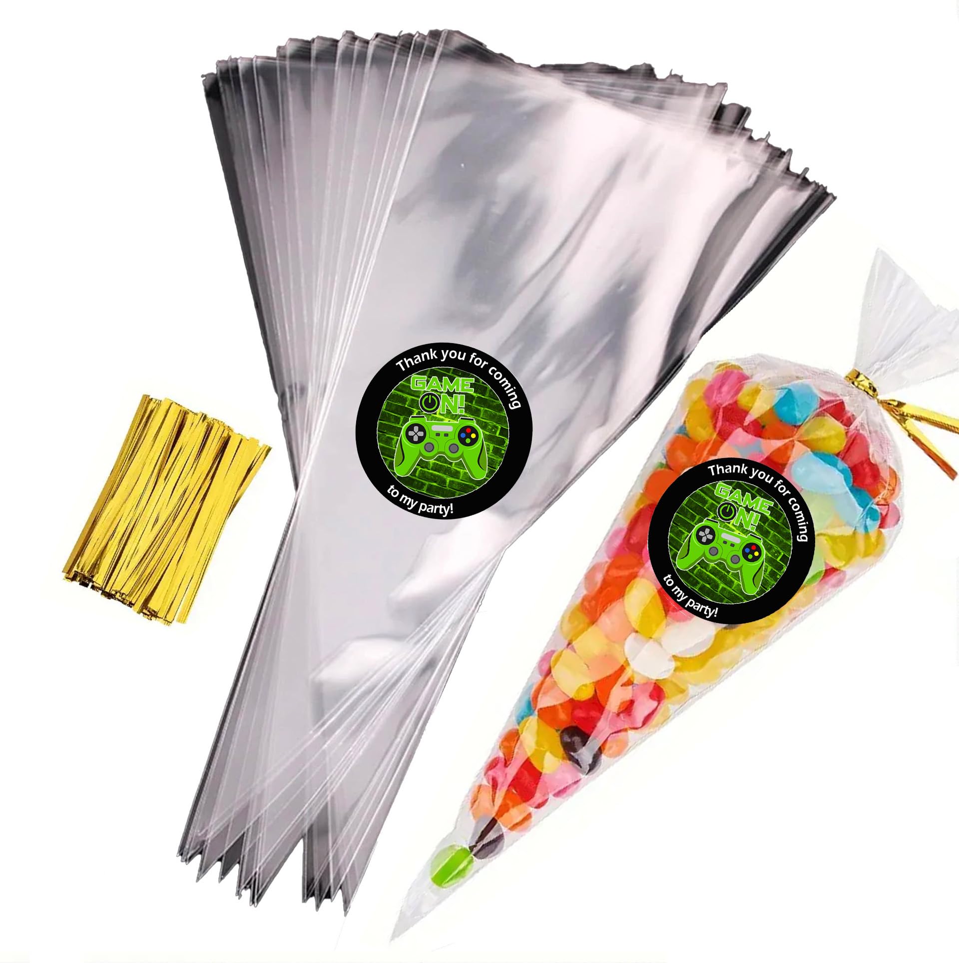 Treasured Forever Limited Gaming Green Sweet Cone Bags With Coloured Ties | Triangle Clear Cellophane Bags | Food Sweet Candy Popcorn Snacks | Brithday Baby Shower Fayres Events Festivals