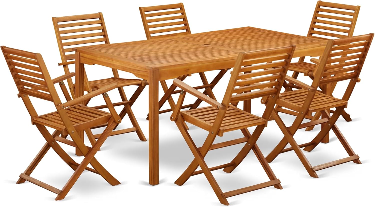 East West Furniture CMBS7CANA 7 Piece Outdoor Patio Dining Sets Consist of a Rectangle Acacia Wood Table and 6 Folding Arm Chairs, 36x66 Inch, Natural Oil
