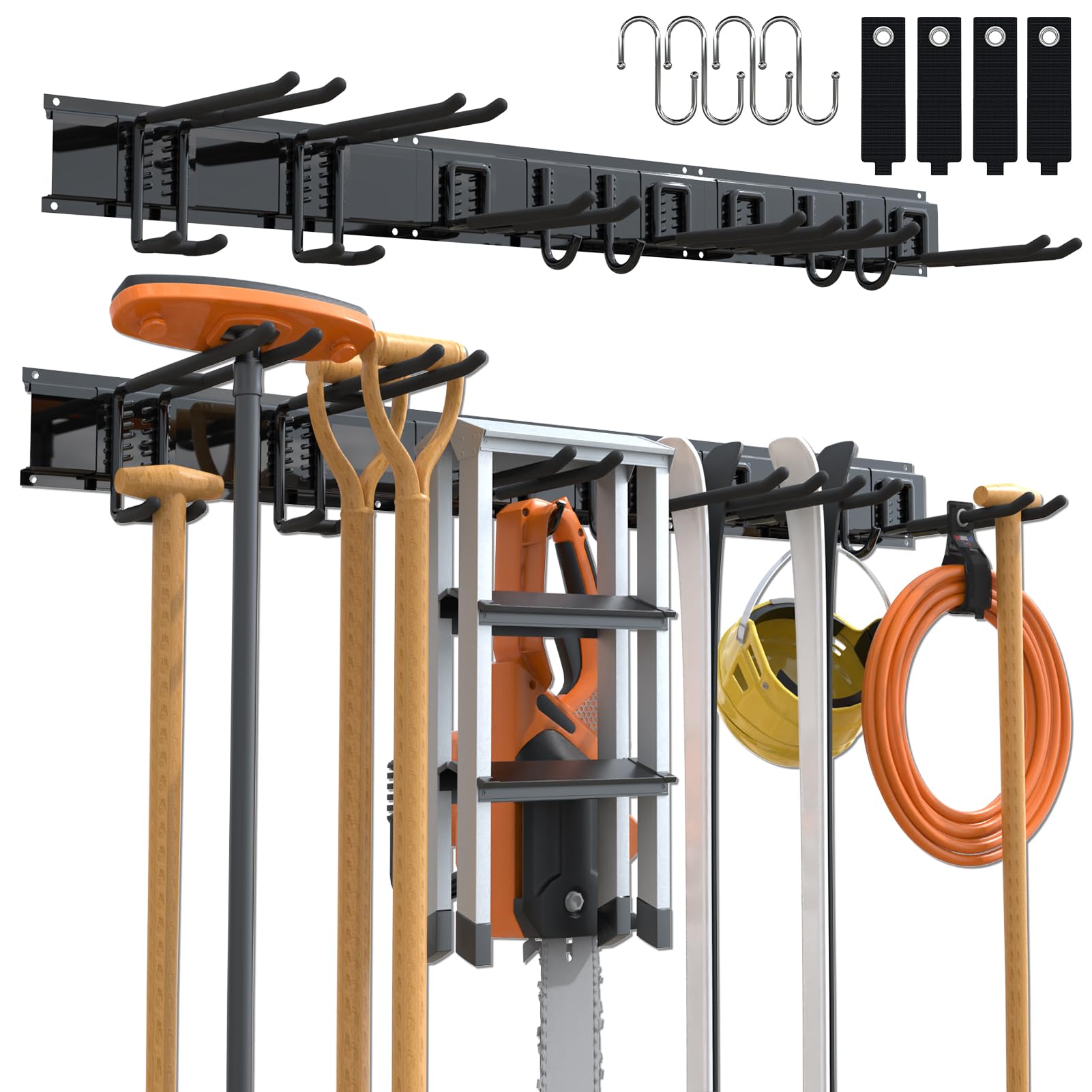 3-H Black Tool Hangers For Garage Wall 48 Inch 3 Metal Rails, Garage Wall Hooks 10 Pack, Garden Tool Organizer For Hanging & Organizing Garden Tools, Chair, Yard, Shovel, Rake, Broom, Trimmer, Hose.