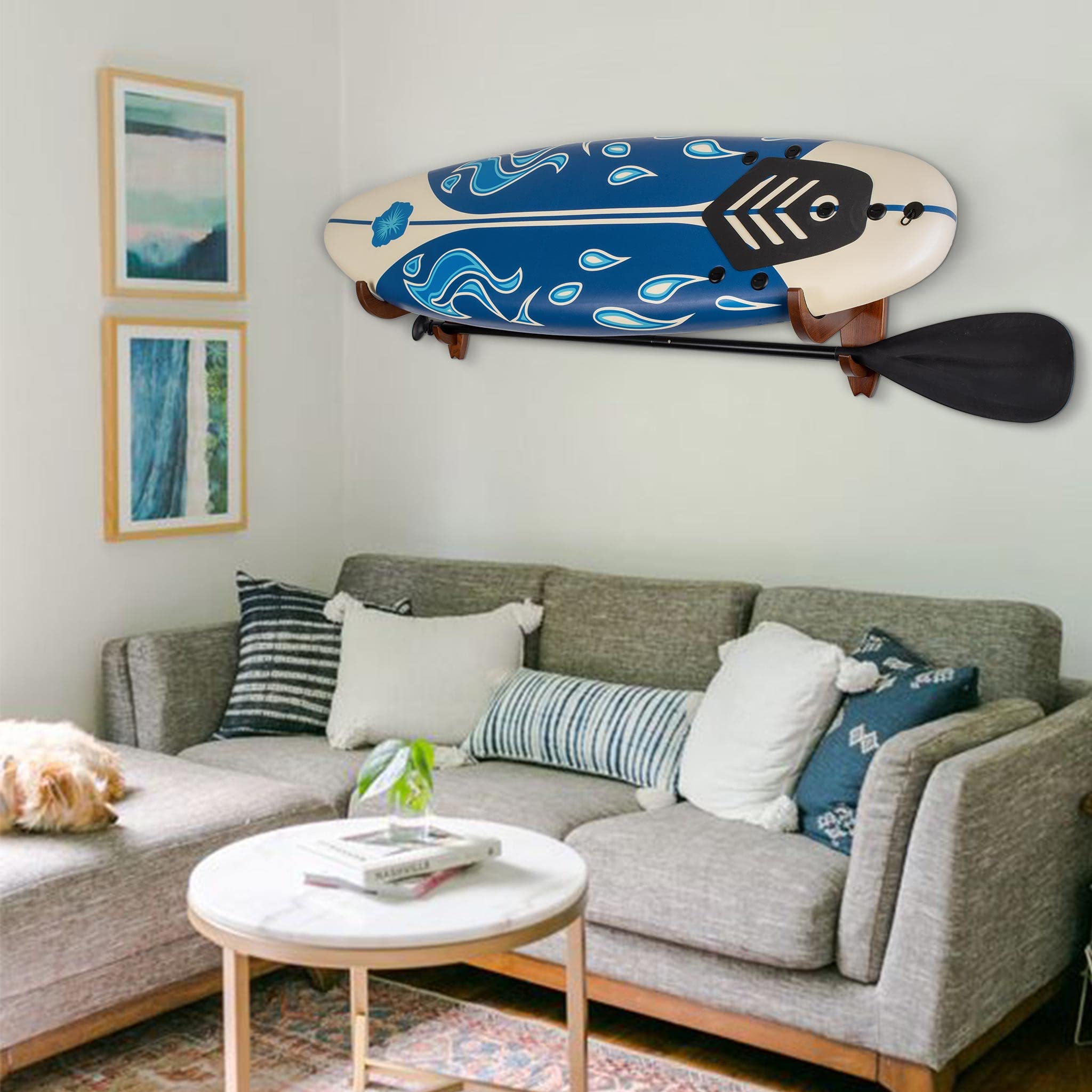 TESLYAR Soporte para tabla de surf madera de fresno acabado natural marrón grande