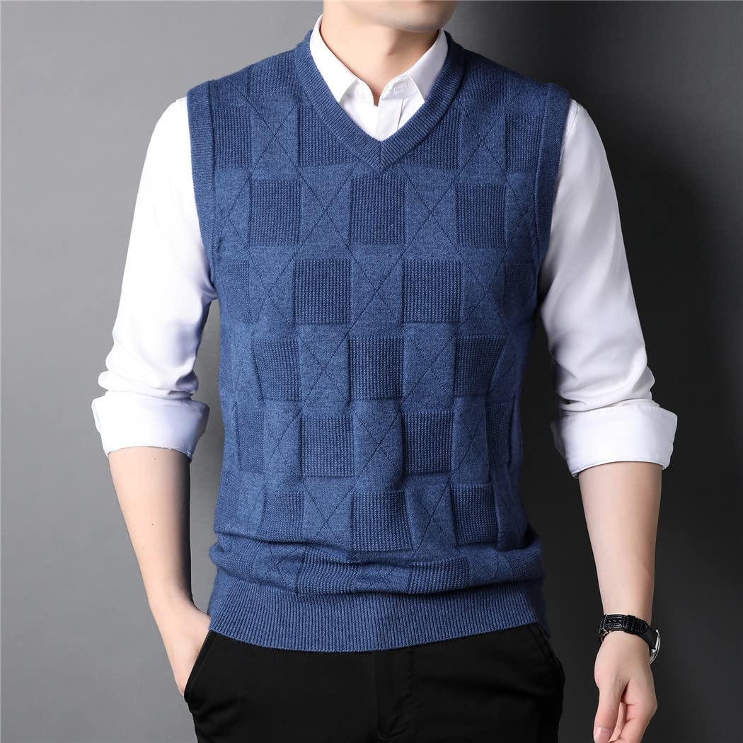 Chaleco de punto de cuello en V caqui de los hombres de otoño de negocios casual estilo clásico grueso sin mangas suéter chaleco, gris, M